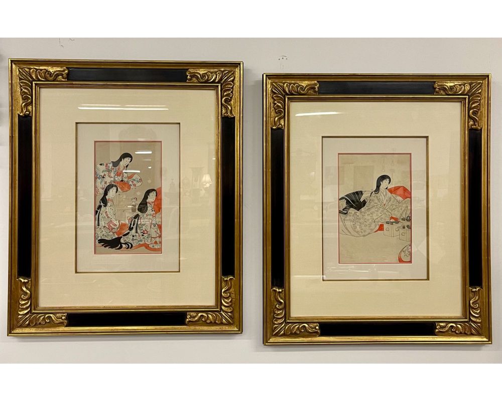 Pair Japanese Woodblock. Matted. Custom Ebony Frames.