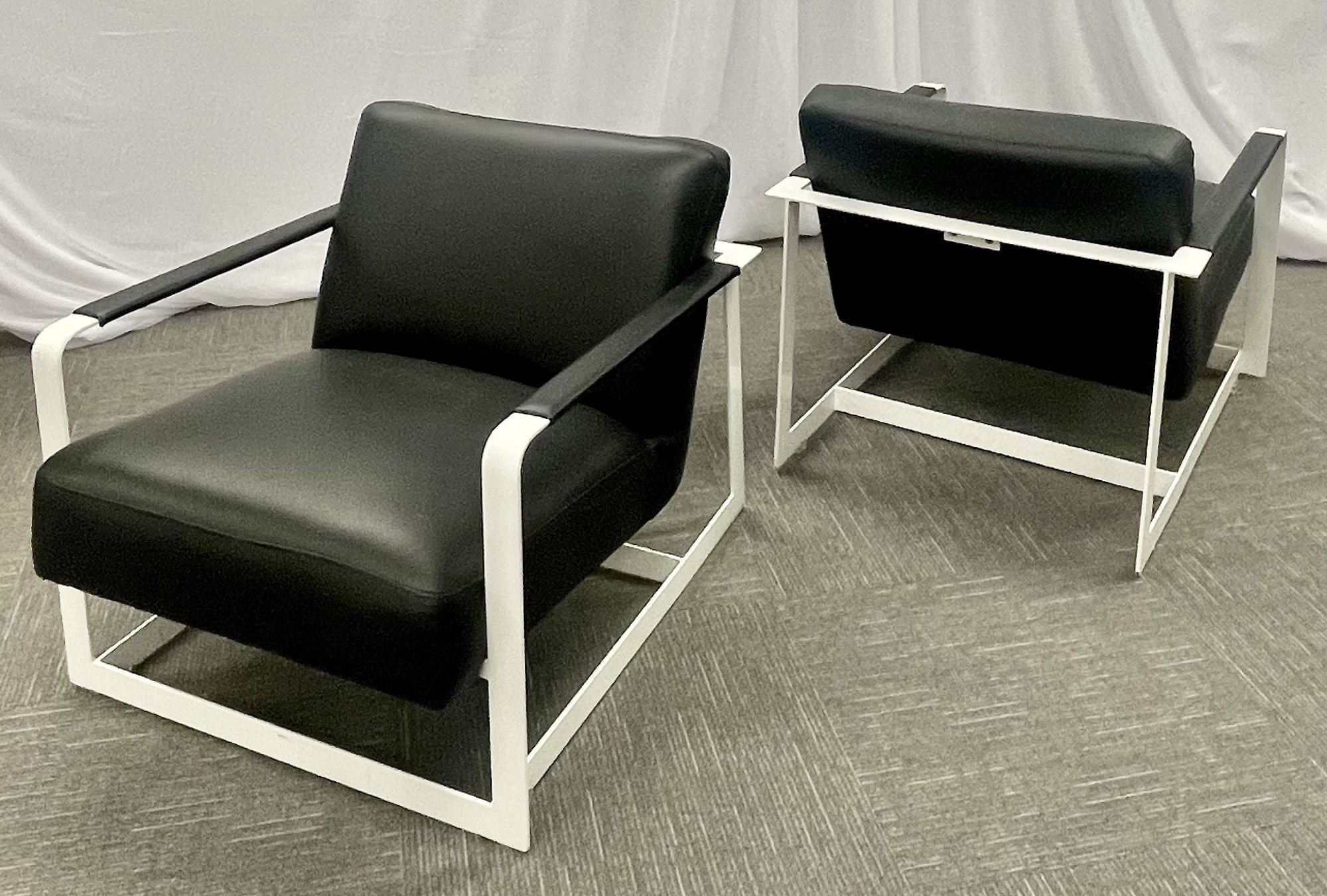 Pair of Mid-Century Modern Lounge Chairs, Leather, Steel Base, American, 1980s