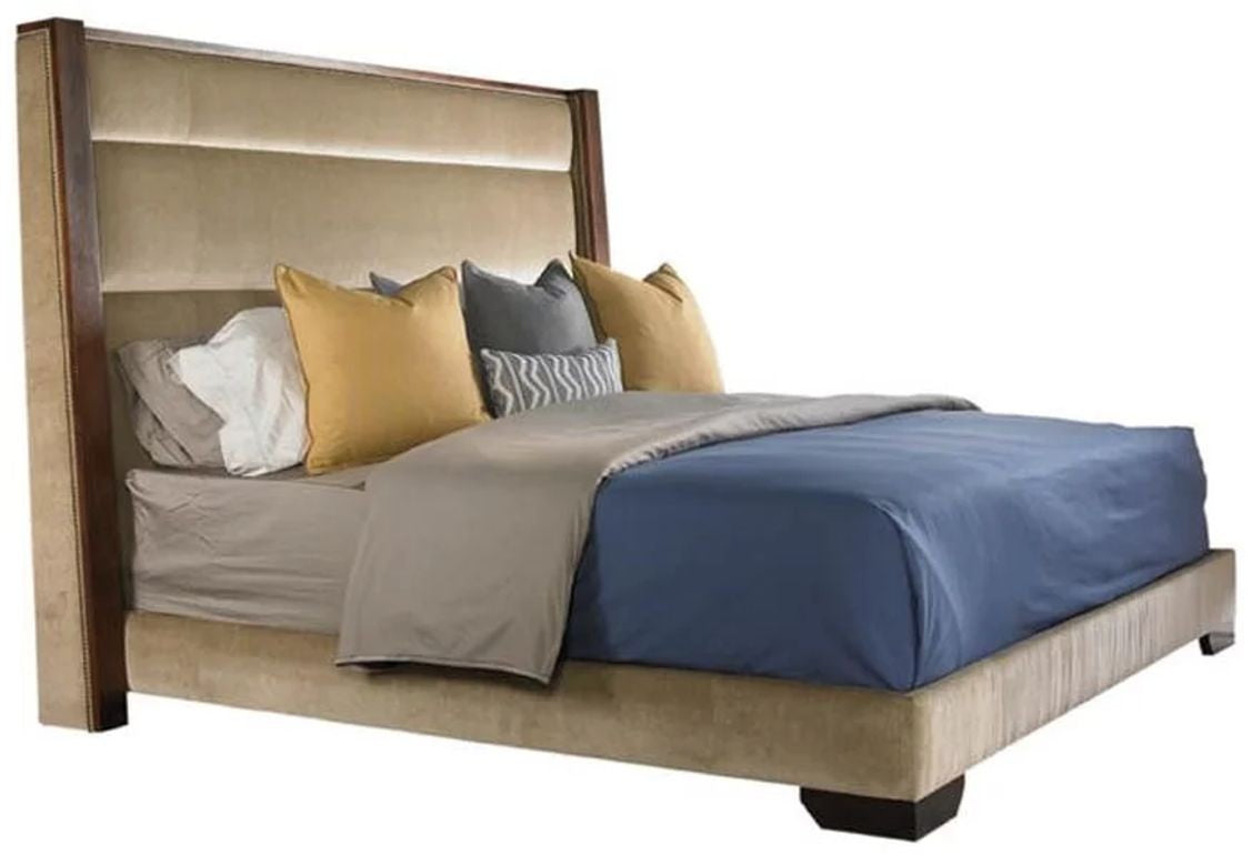 Thom Filicia, Modern King Size Bed Frame, Low Profile, Upholstery, Walnut
