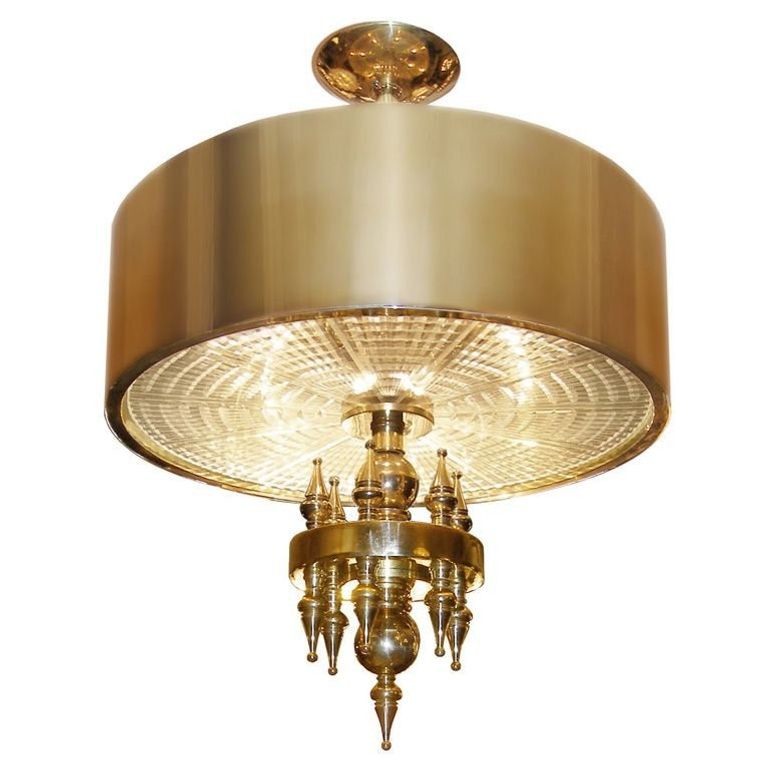 Small Hollywood Regency Style Brass Pendant / Chandelier, Starburst Etched Glass