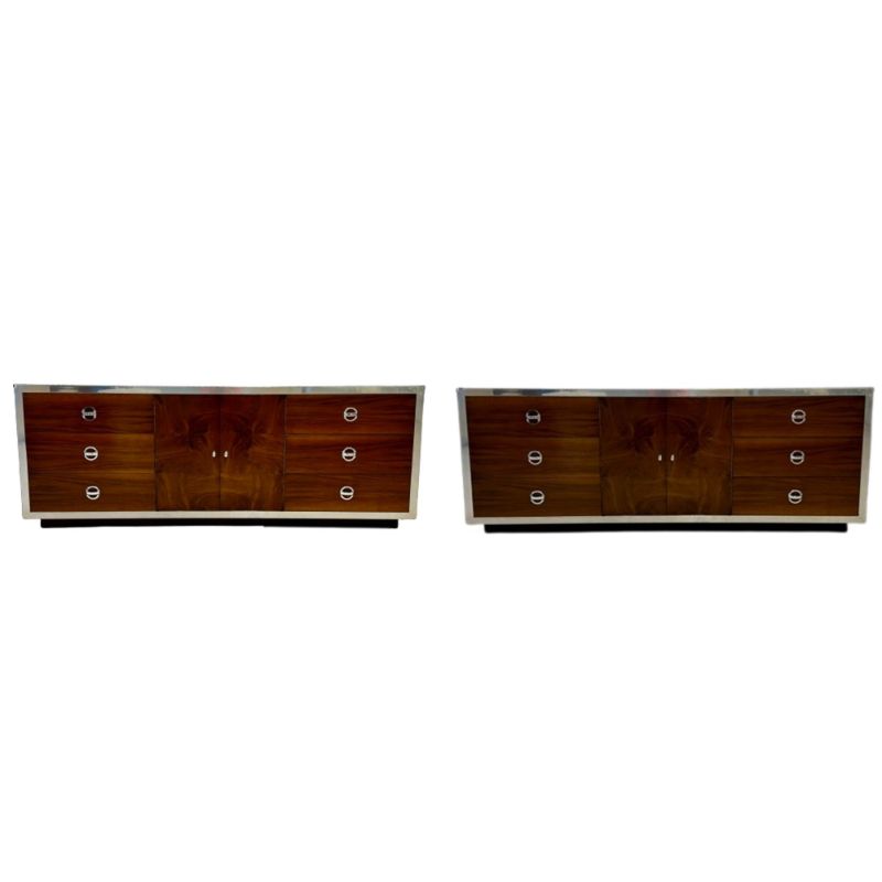 Compatible Pair of Mid-Century Modern Milo Baughman Dressers, Burlwood, Chrome