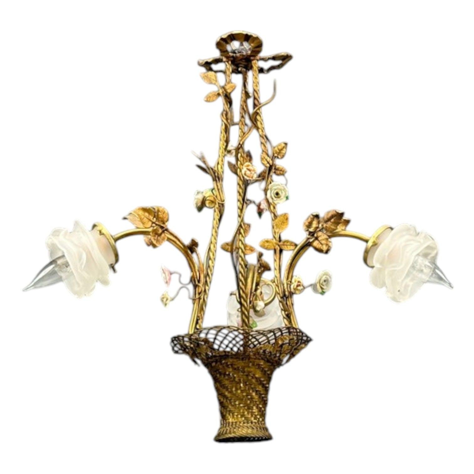 Belle Epoque Style, Basket Chandelier, Bronze, Porcelain, 1940s