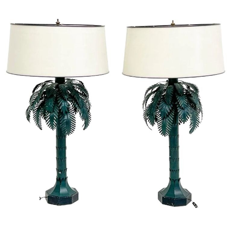 Large Pair of Mid-Century Modern Maison Jansen Style Palm Tree Lamps, Metal
