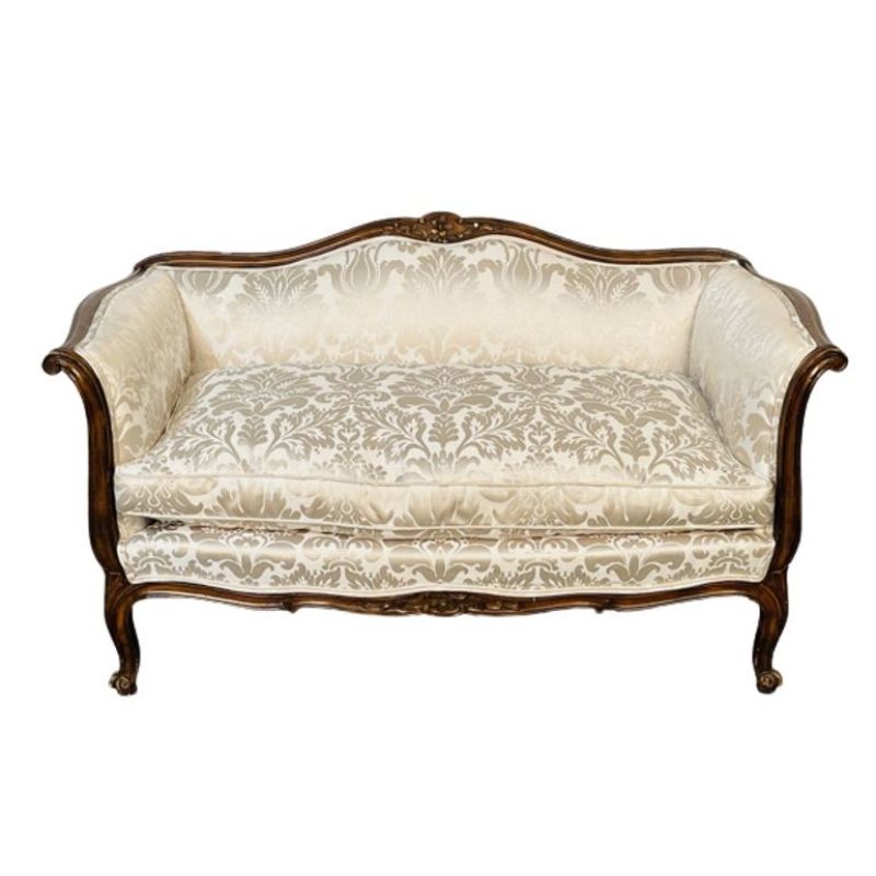 Small Louis XV Mahogany Carved Settee / Sofa, Floral Silk Upholstery