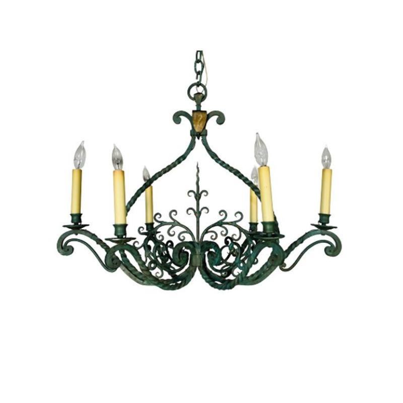 Wrought Iron Industrial Green Painted Chandelier, Circa 1930s
