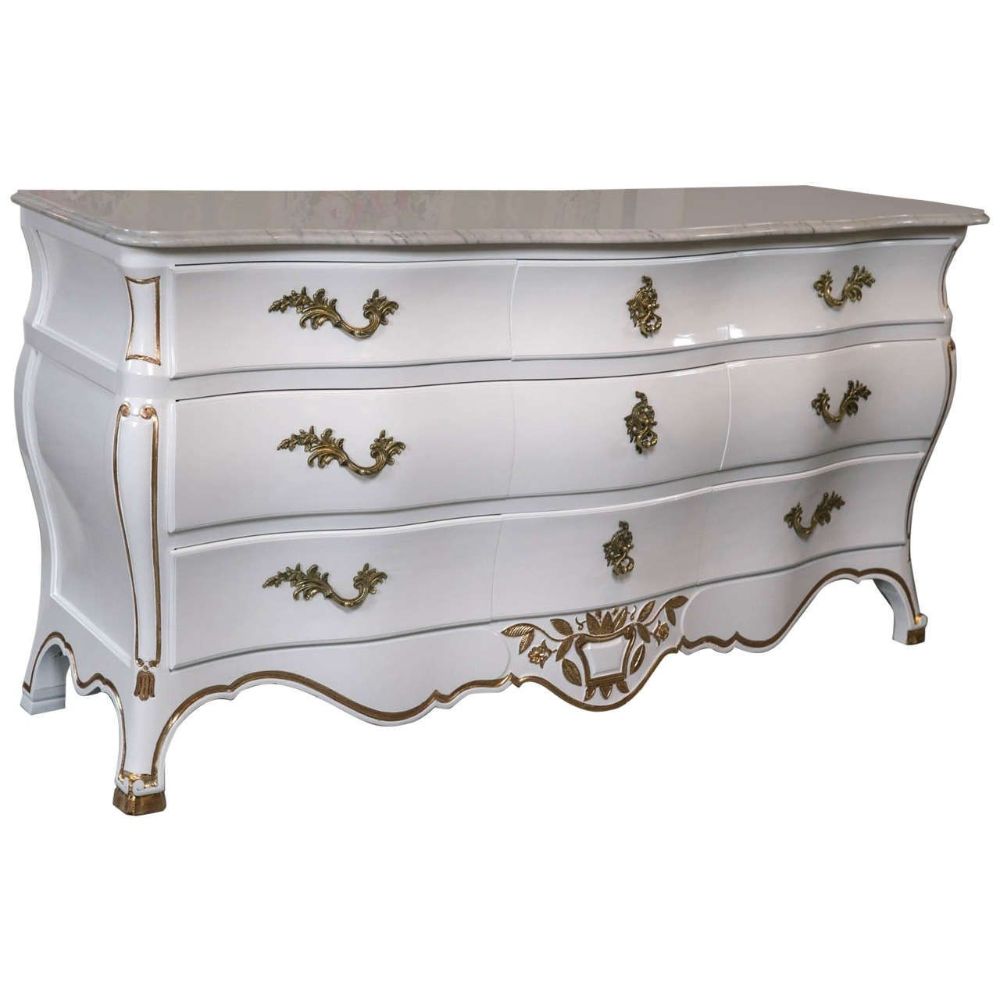 White and Gilt Gold Decorated Louis XV Style Bombe Dresser Carrara Marble Top White and Gilt Gold Decorated Louis XV Style Bombe Dresser Carrara Marble Top