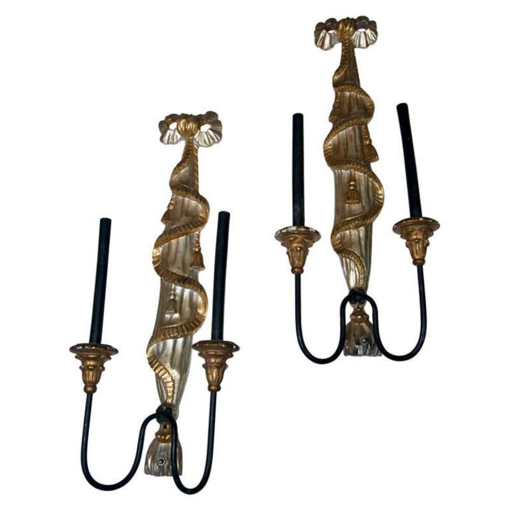 Pair of Dorothy Draper Style Gilded Wall Sconces