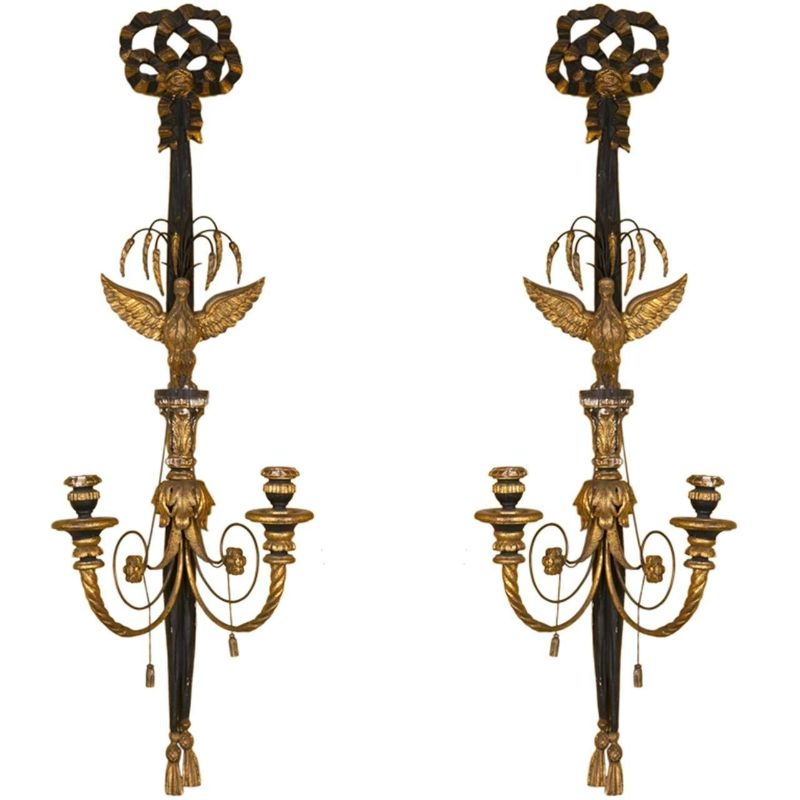 Pair of Two Light Louis XVI Style Eagle Carved Gilt Wall Sconces