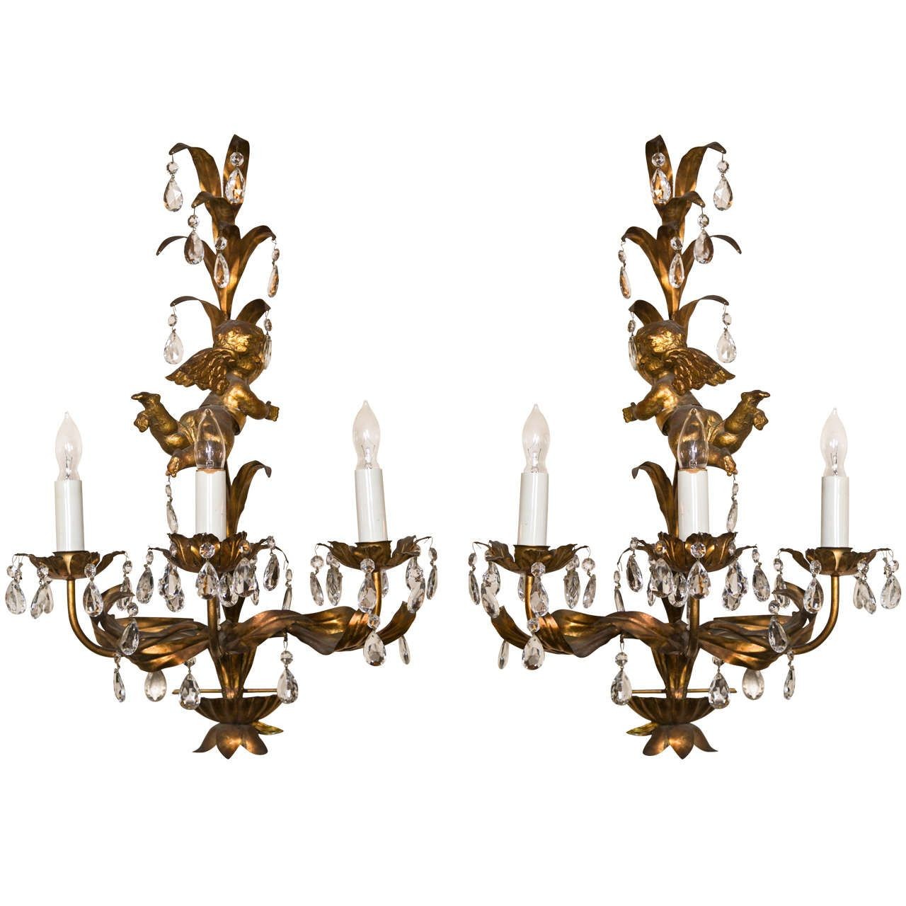 French Marie Therese Style Gilt-Brass Three-Light Wall Sconces Cherub Figures