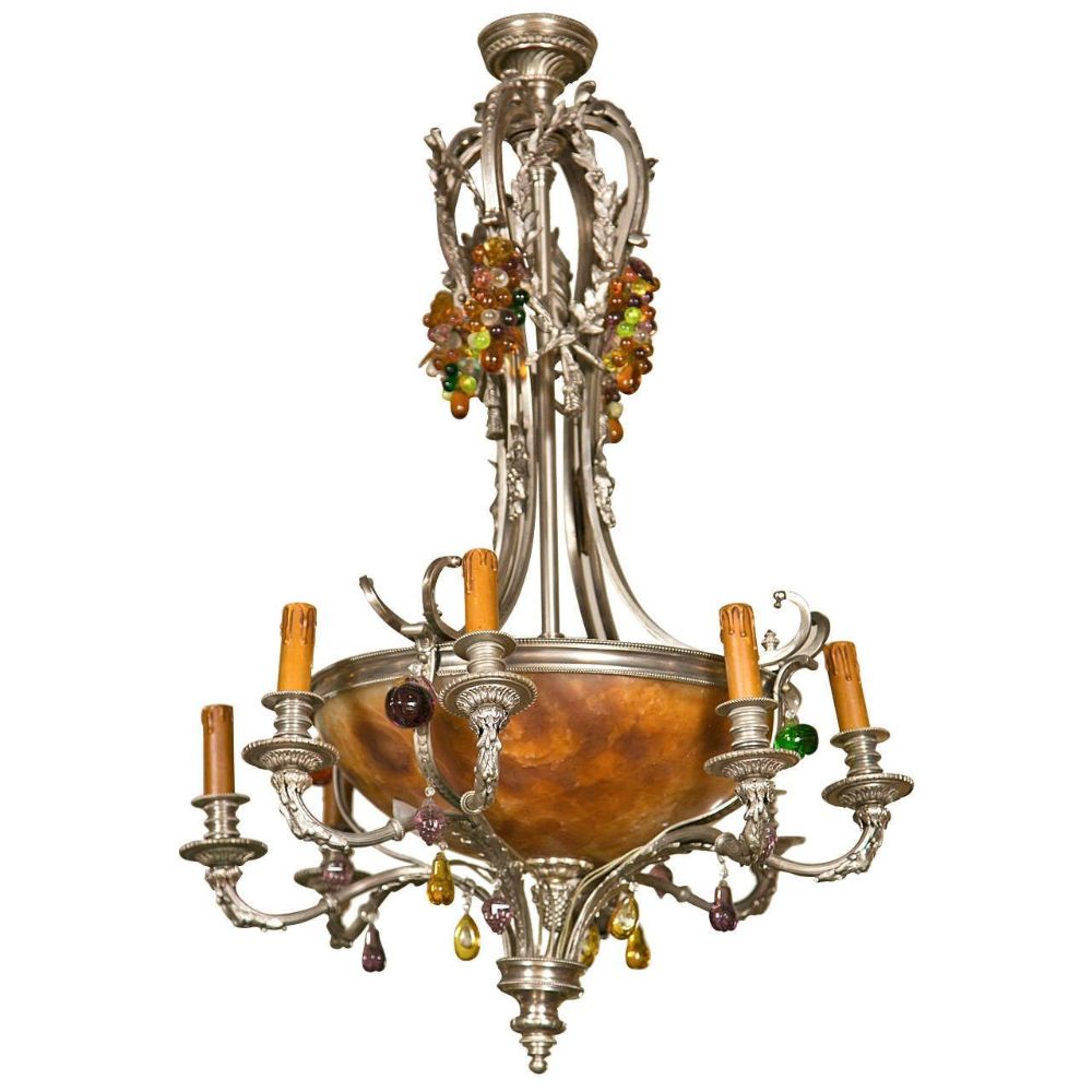 French Art Nouveau Style Eight-Light Chandelier Silver Argente Over Bronze