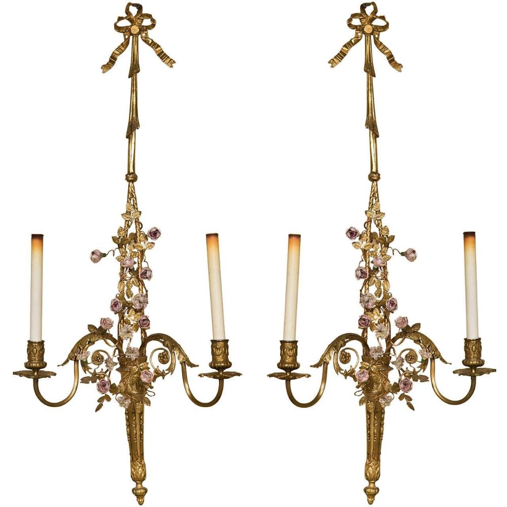 French Belle Époque Style Brass Wall Sconces Florette And Foliate Two Arms Each