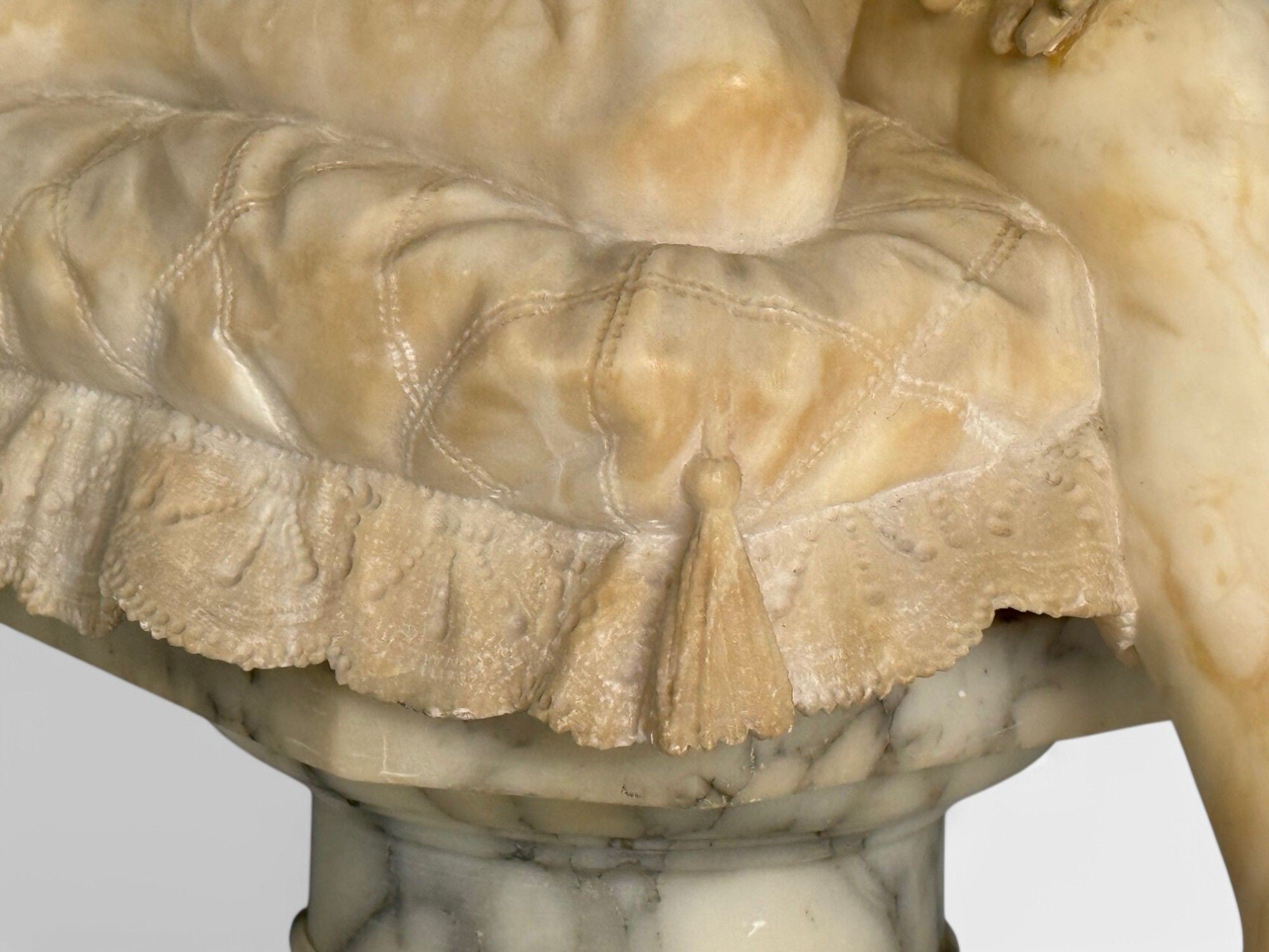 Neoclassical, Winged Angel On Pillow, Alabaster Statue on Pedestal, Italy, 1920s