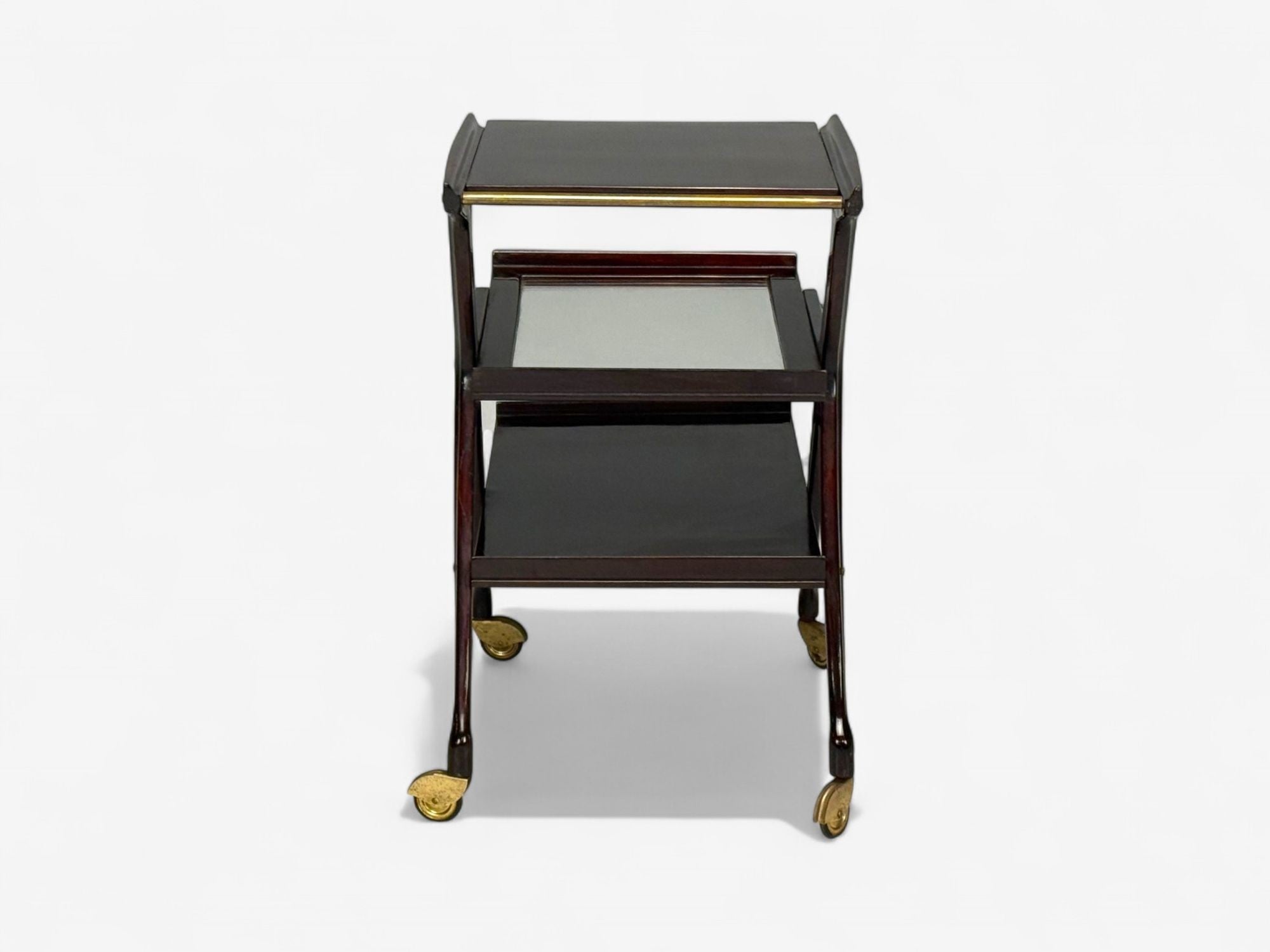 Ico Parisi Style, Italian Modern, Wood, Brass, Glass, Bar Cart, Italy, 1950s