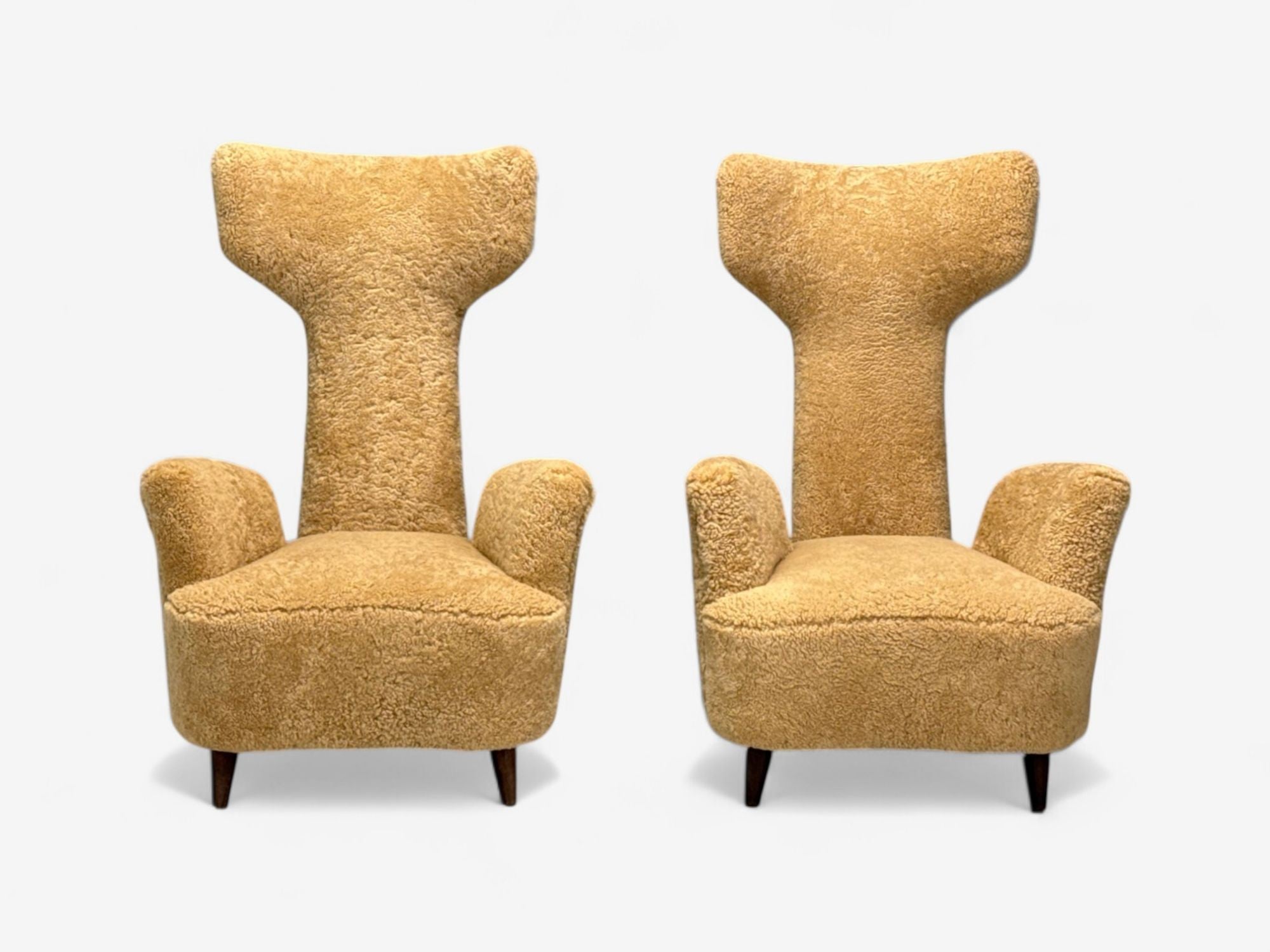 Renzo Zavanella, Honey Sheepskin, Wood, Rare Lounge Chairs, Italy, 1950s