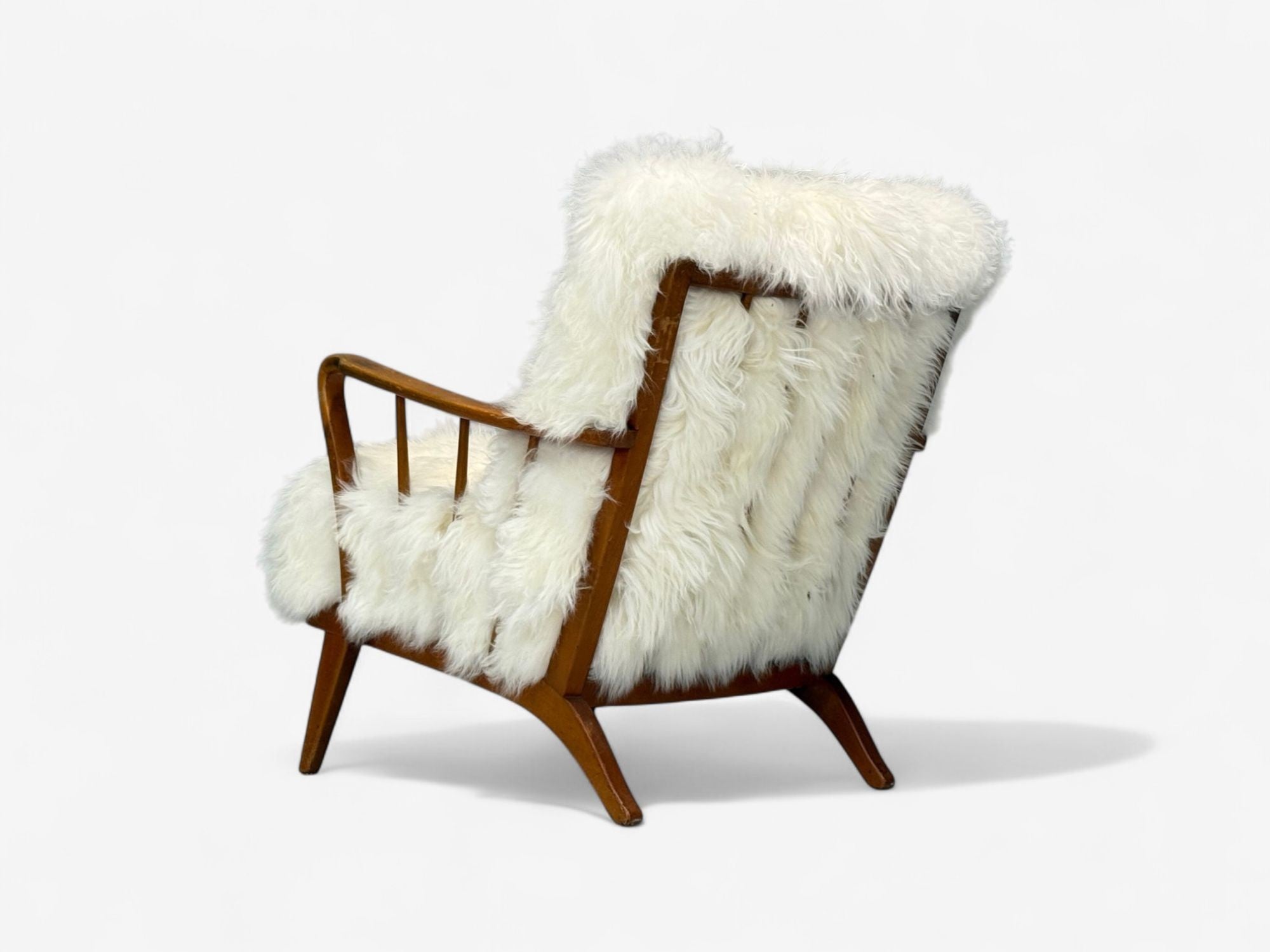 Danish Modern, Beech, Mongolian Fur, Lounge Chair, Denmark, 1950s