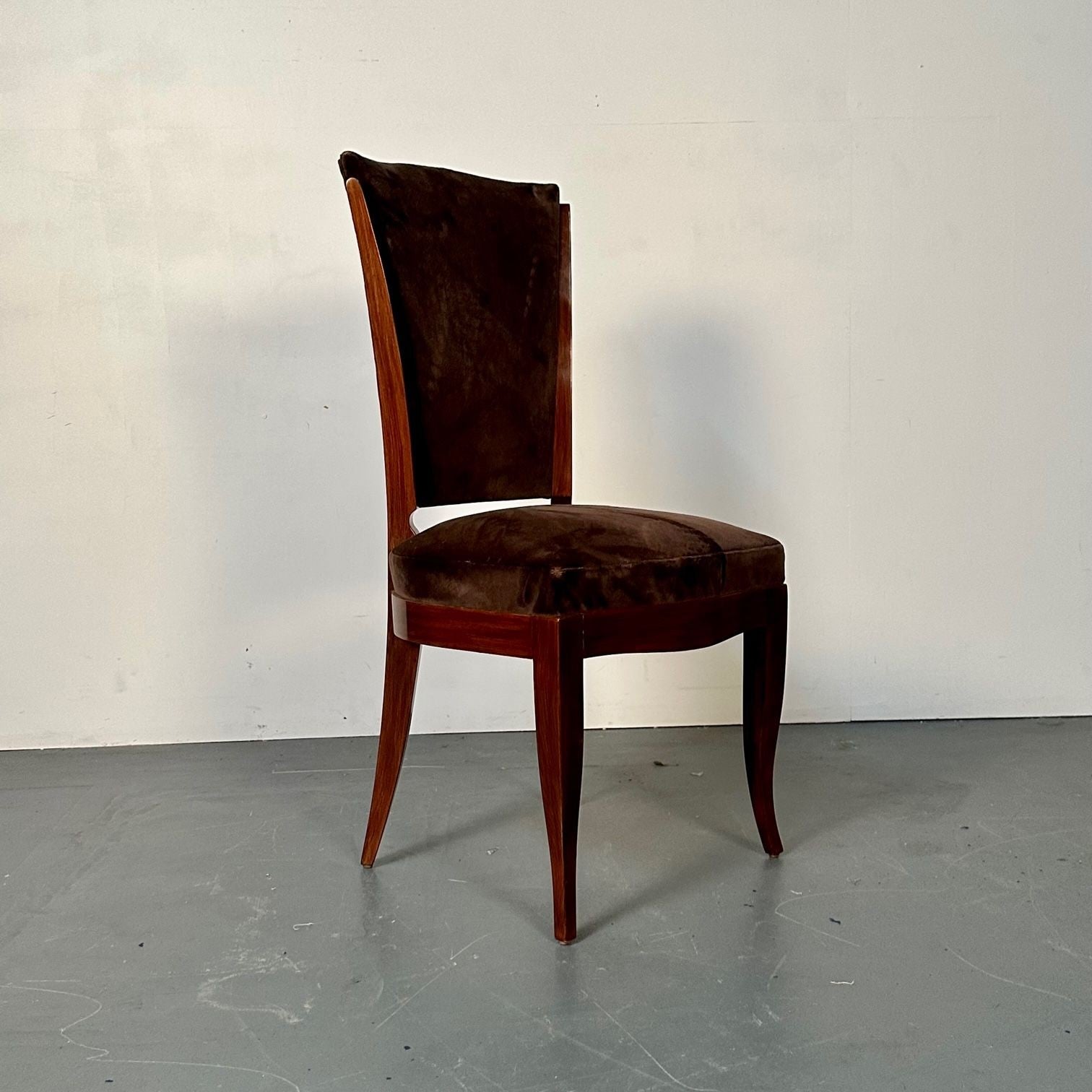 Six French Art Deco Walnut Dining / Side Chairs, Brown Velvet, Ruhlman Style