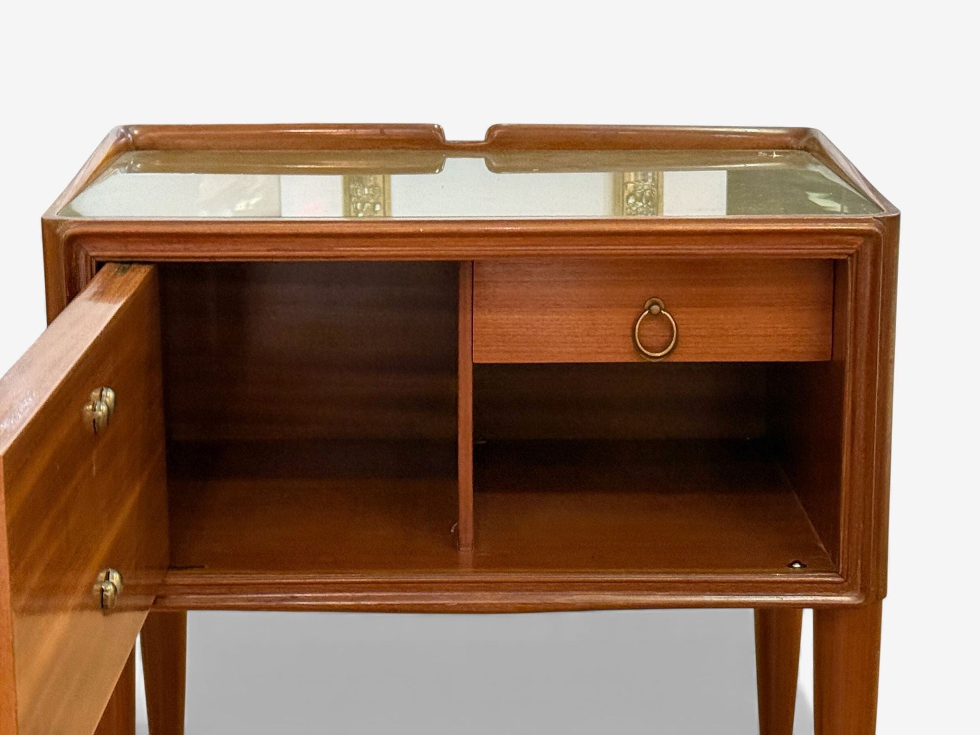 Italian Modern, Stained Wood, Brass, Glass, Nightstands, Italy, 1950s