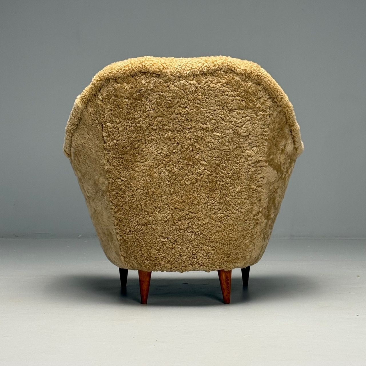 Italian Modern, Honey Shearling, Stained Wood, Lounge Chairs, Italy, 1950s