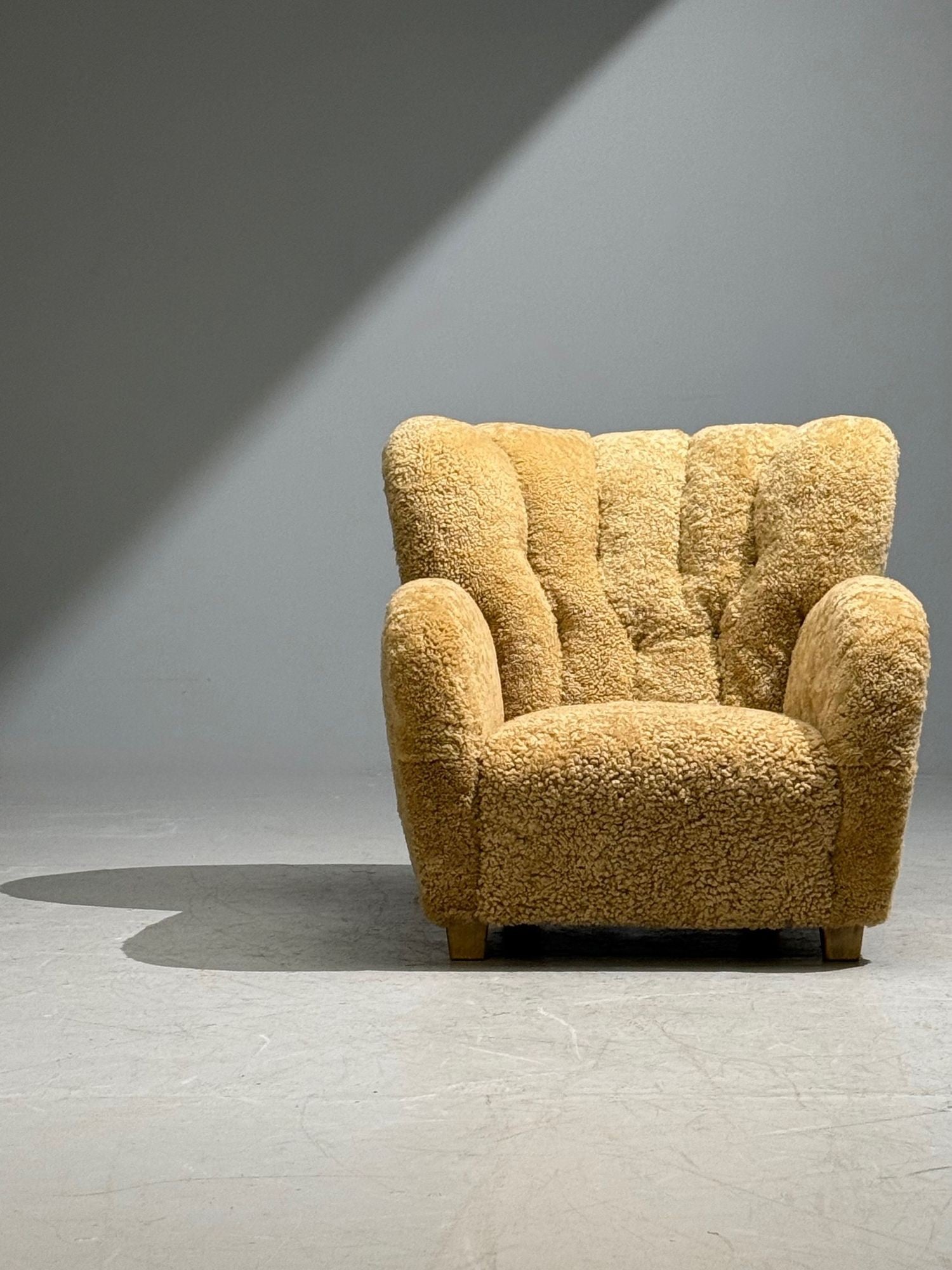 Finnish Modern, Organic Lounge Chairs, Shearling, Wood, Finland, 1940s