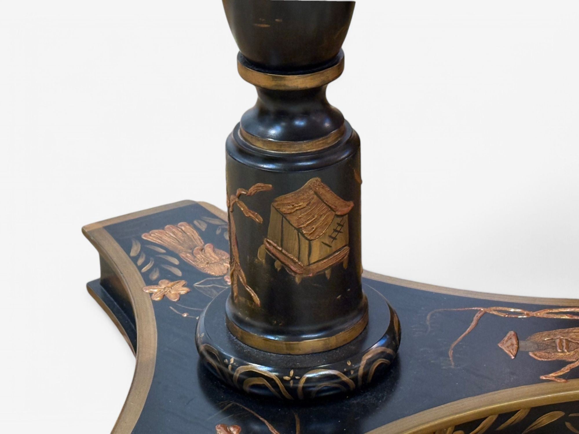 Chinoiserie Style, Crackle Lacquer, Giltwood, Floor Lamp with Shelf, USA, 20th C