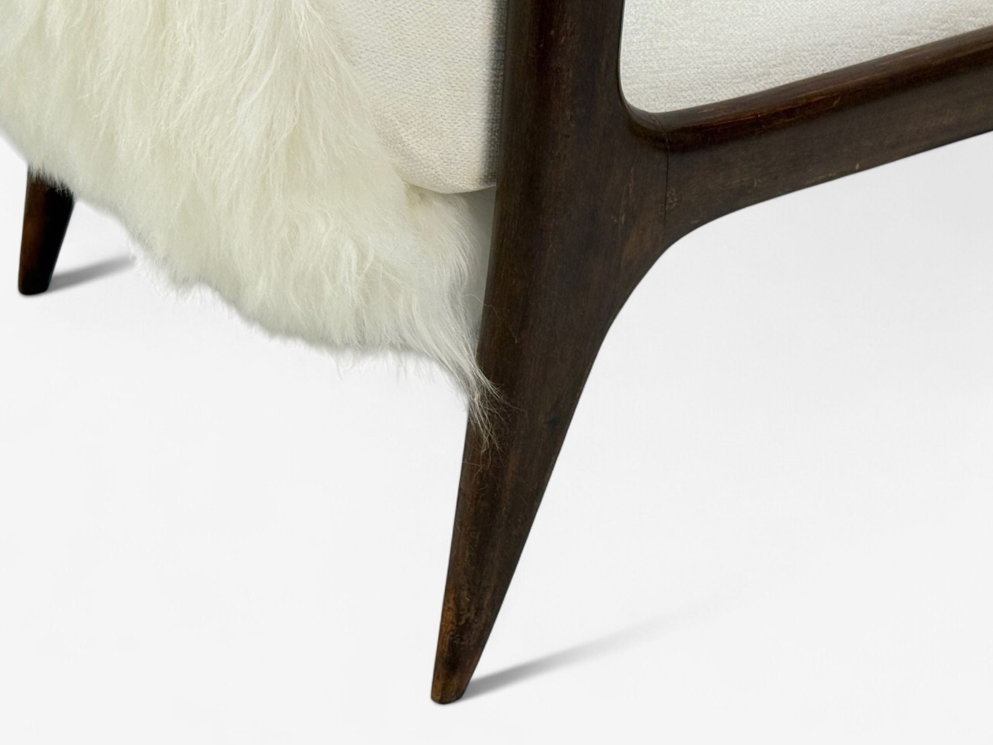 Italian Modern, Wood, White Shearling, Lounge Chair, 1950s