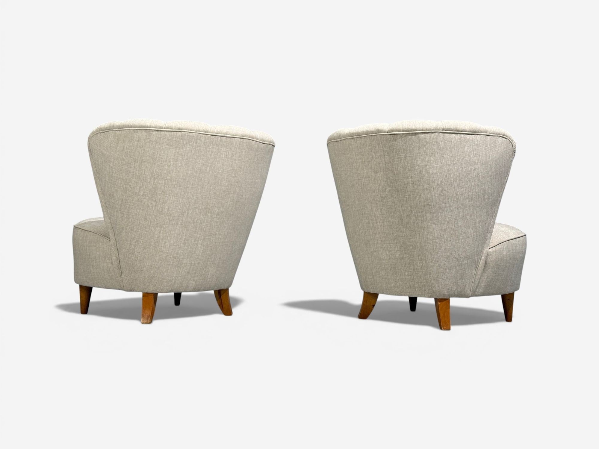 Carl-Johan Boman, Easy Chairs, Beige Linen, Wood, Finland, 1950s