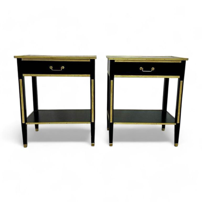 Maison Jansen Style, Hollywood Regency, Nightstands, Black Painted Wood, Brass
