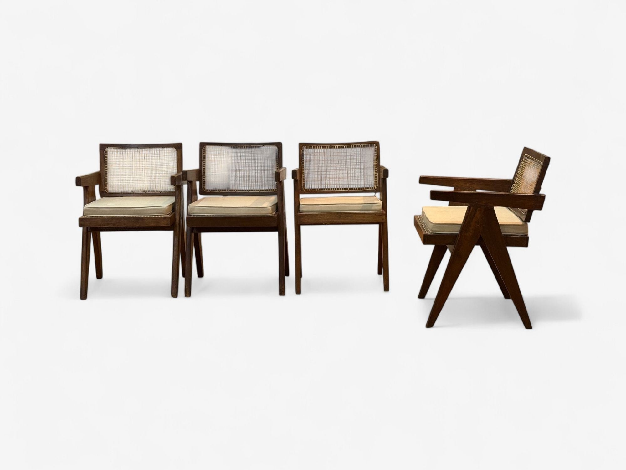 Pierre Jeanneret, Teak, Cane, Four Floating Back Chairs, Chandigarh, 1960s