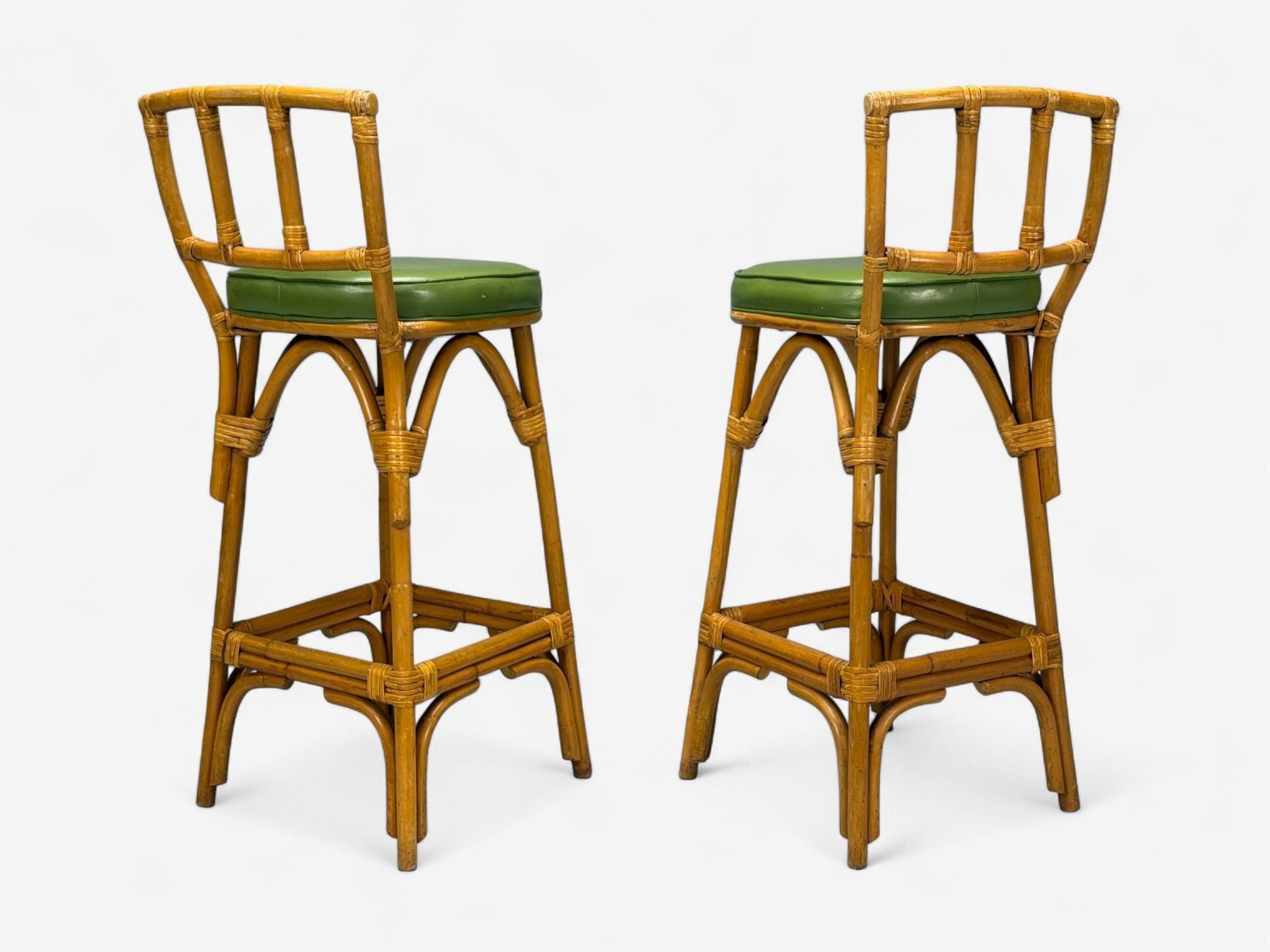 Dutch Modern, Bamboo, Green Leather, Five Barstools, Netherlands, 1970s