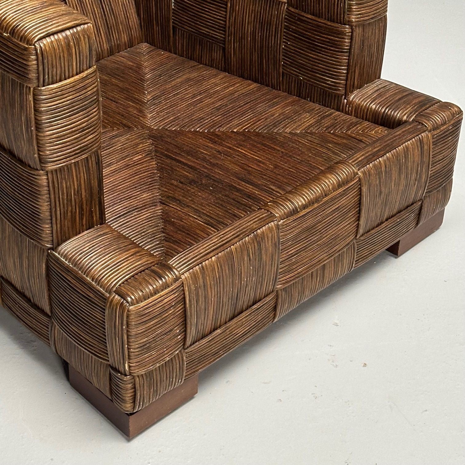 John Hutton, Woven Cane, Mahogany, Oversized Lounge Chairs, USA, 1990s
