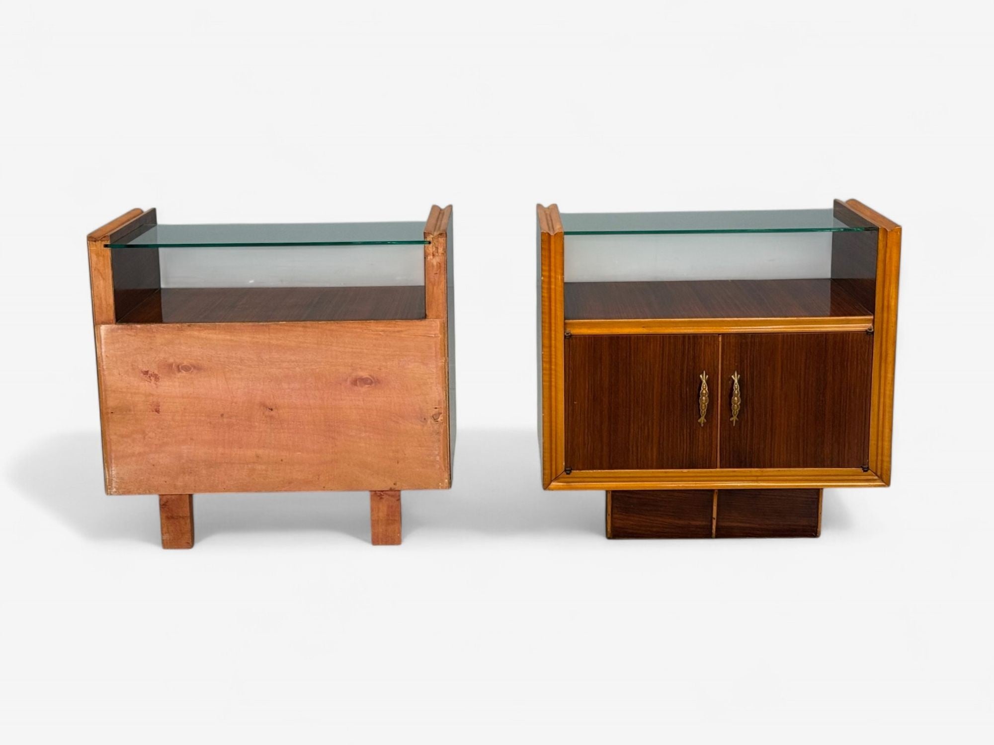 Italian Modern, Wood, Brass, Glass, Nightstands, Italy, 1950s