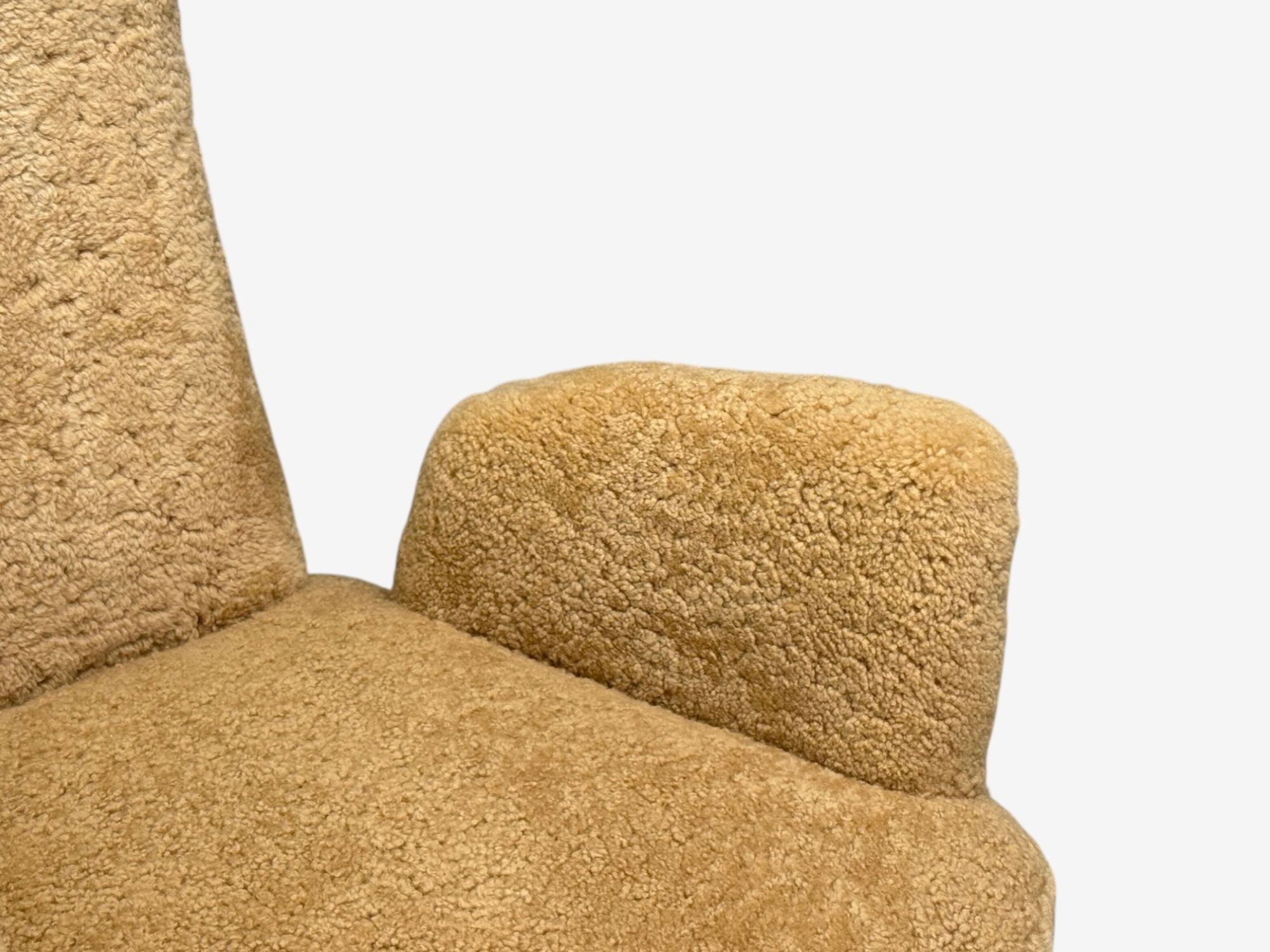 Renzo Zavanella, Honey Sheepskin, Wood, Rare Lounge Chairs, Italy, 1950s