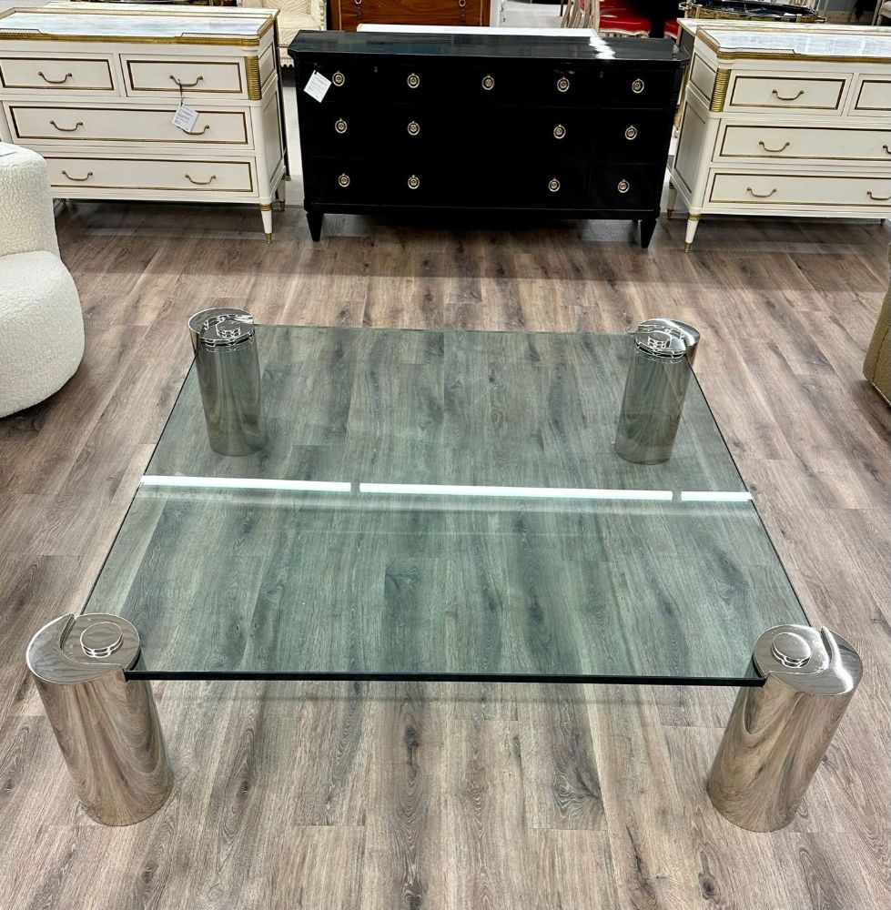 Mid-Century Modern Karl Springer Signed Chrome Coffee, Cocktail Table, Glass Top