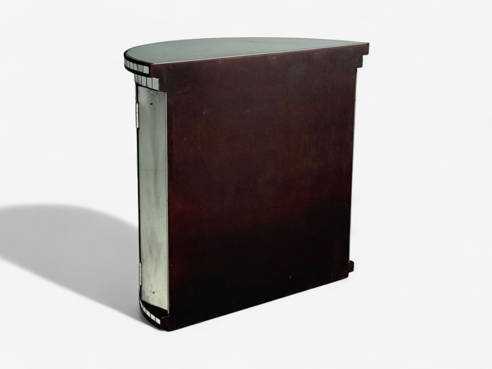 Hollywood Regency Style, Distressed Glass, Mirrored Demilune Cabinet