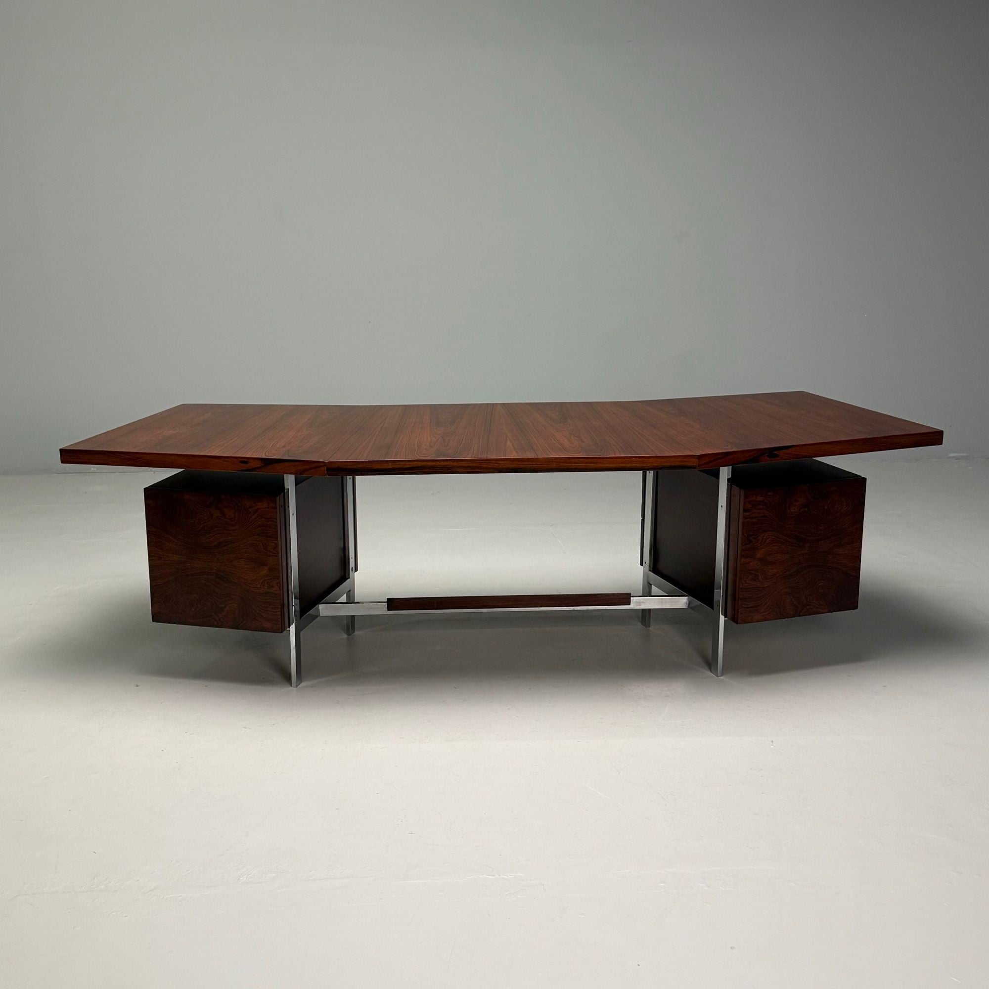 Italian Mid-Century Modern, Demilune Writing Desk, Rosewood, Steel, Italy, 1950s