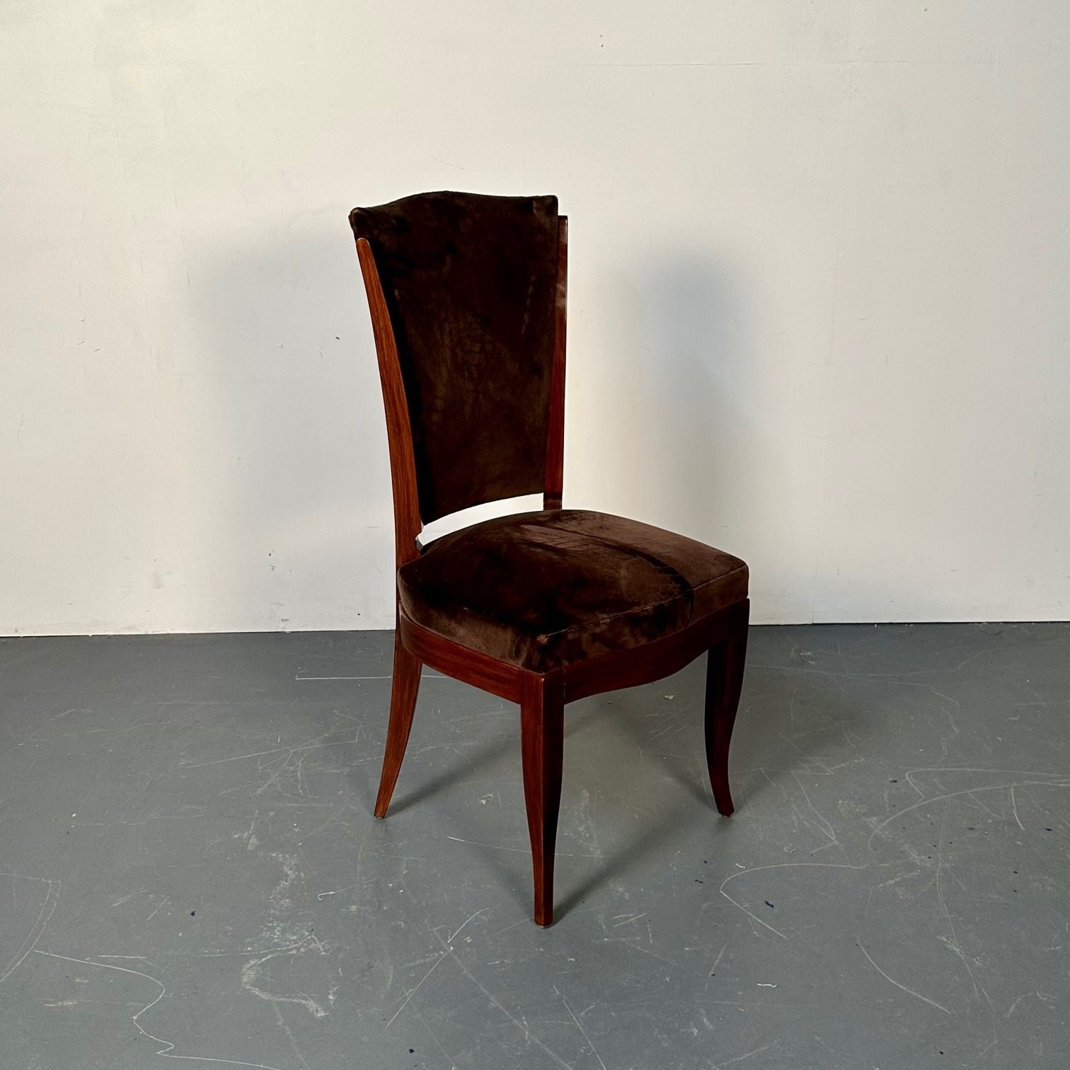 Six French Art Deco Walnut Dining / Side Chairs, Brown Velvet, Ruhlman Style