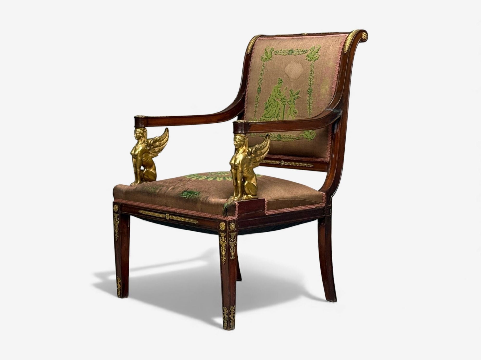 French Empire Revival, Bronze, Mahogany, Tapestry, Armchairs, France, 19th c.