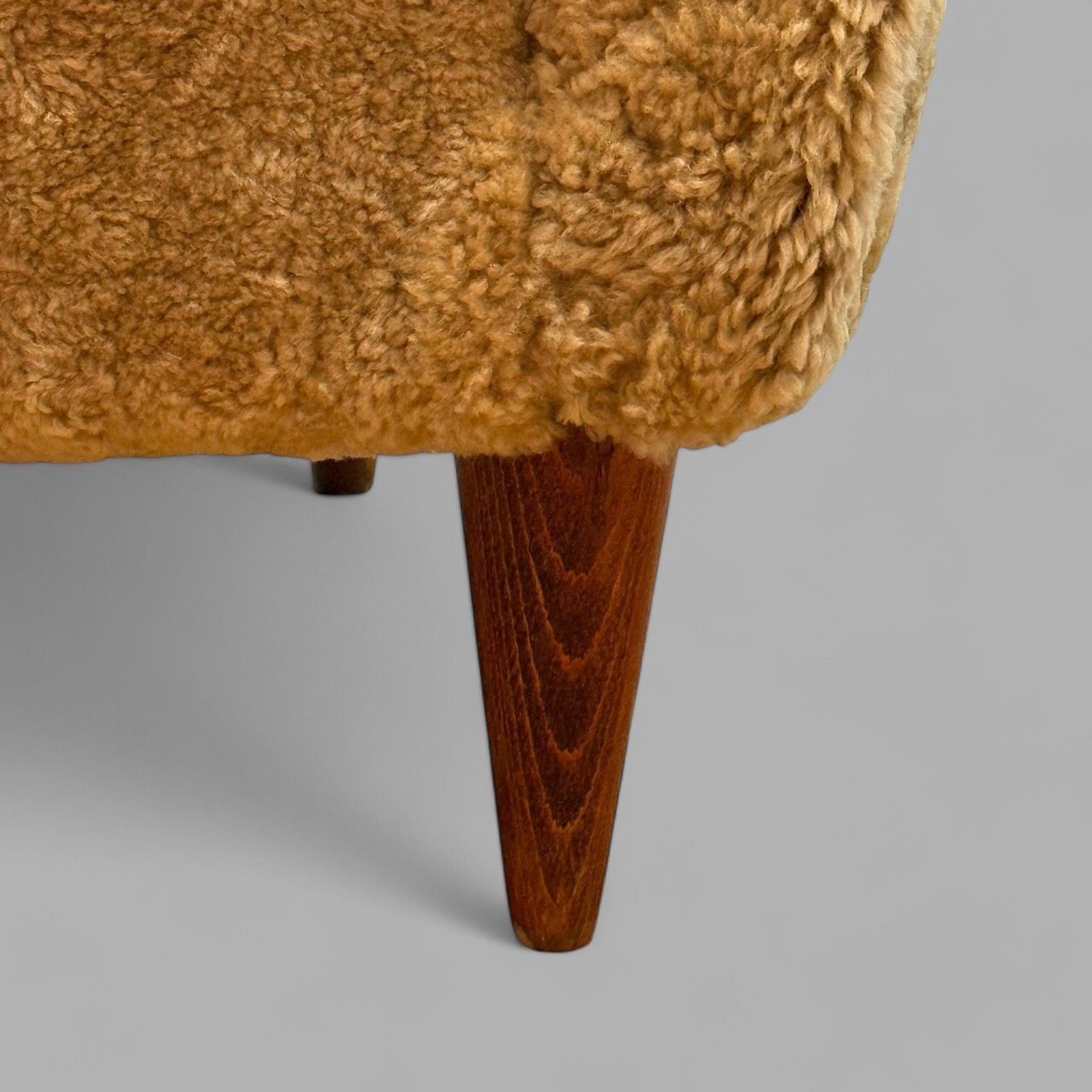 Italian Modern, Honey Shearling, Stained Wood, Lounge Chairs, Italy, 1950s