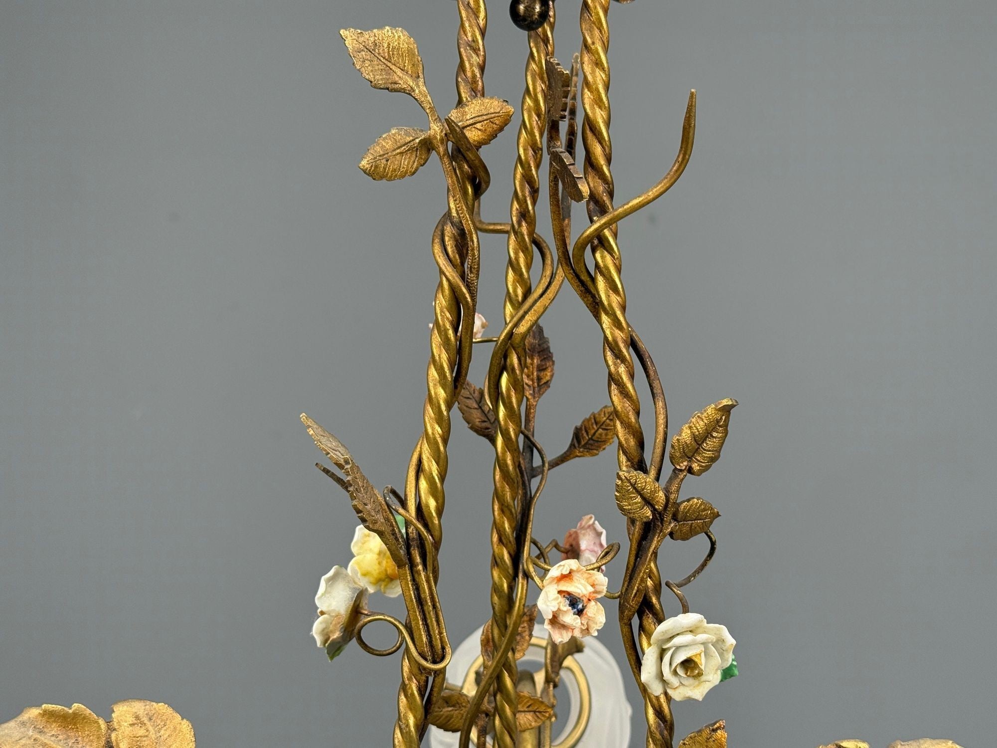 Belle Epoque Style, Basket Chandelier, Bronze, Porcelain, 1940s