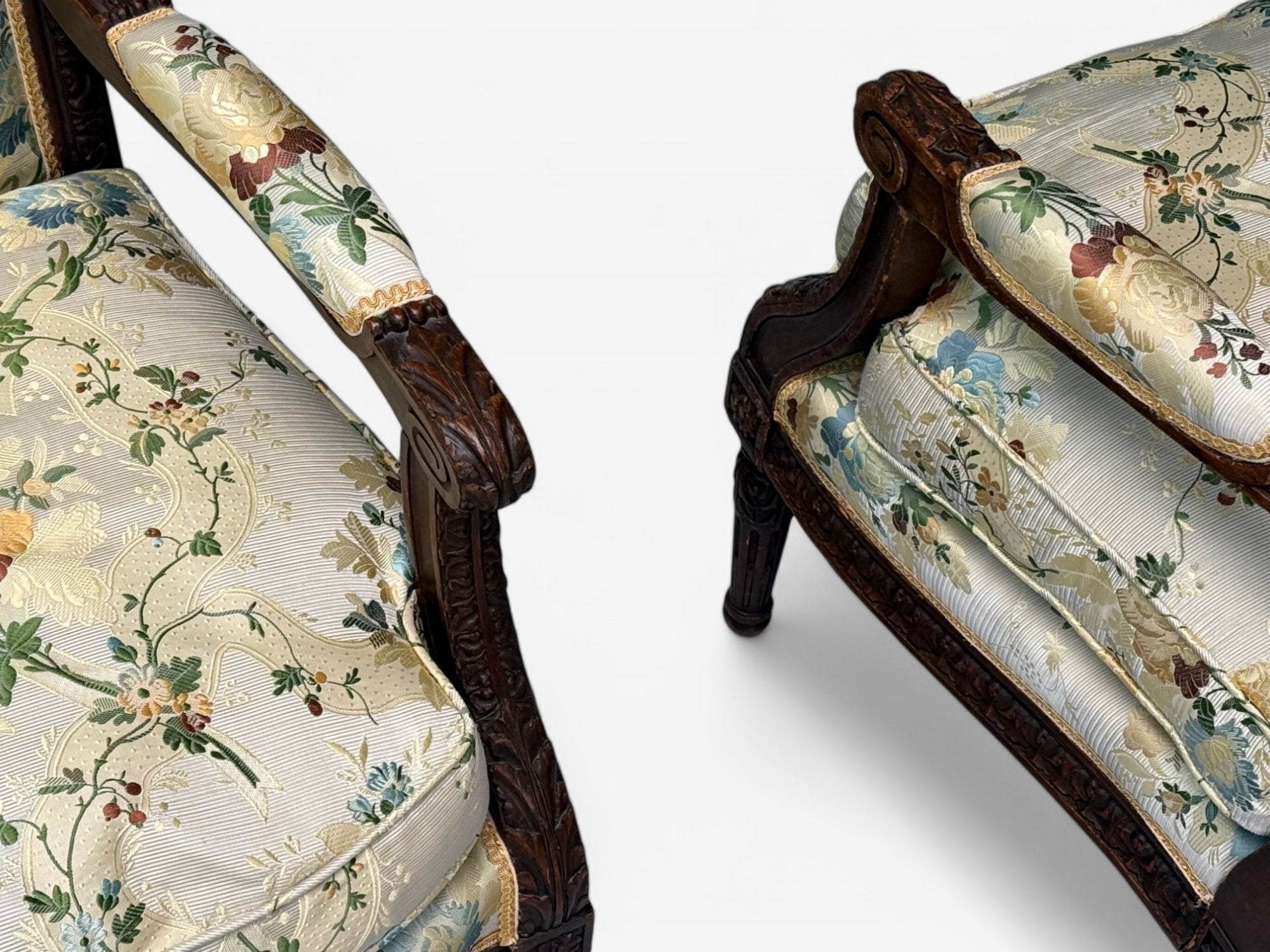 Louis XVI Style, Beechwood, Floral Fabric, Bergere Chairs, France, 1940s
