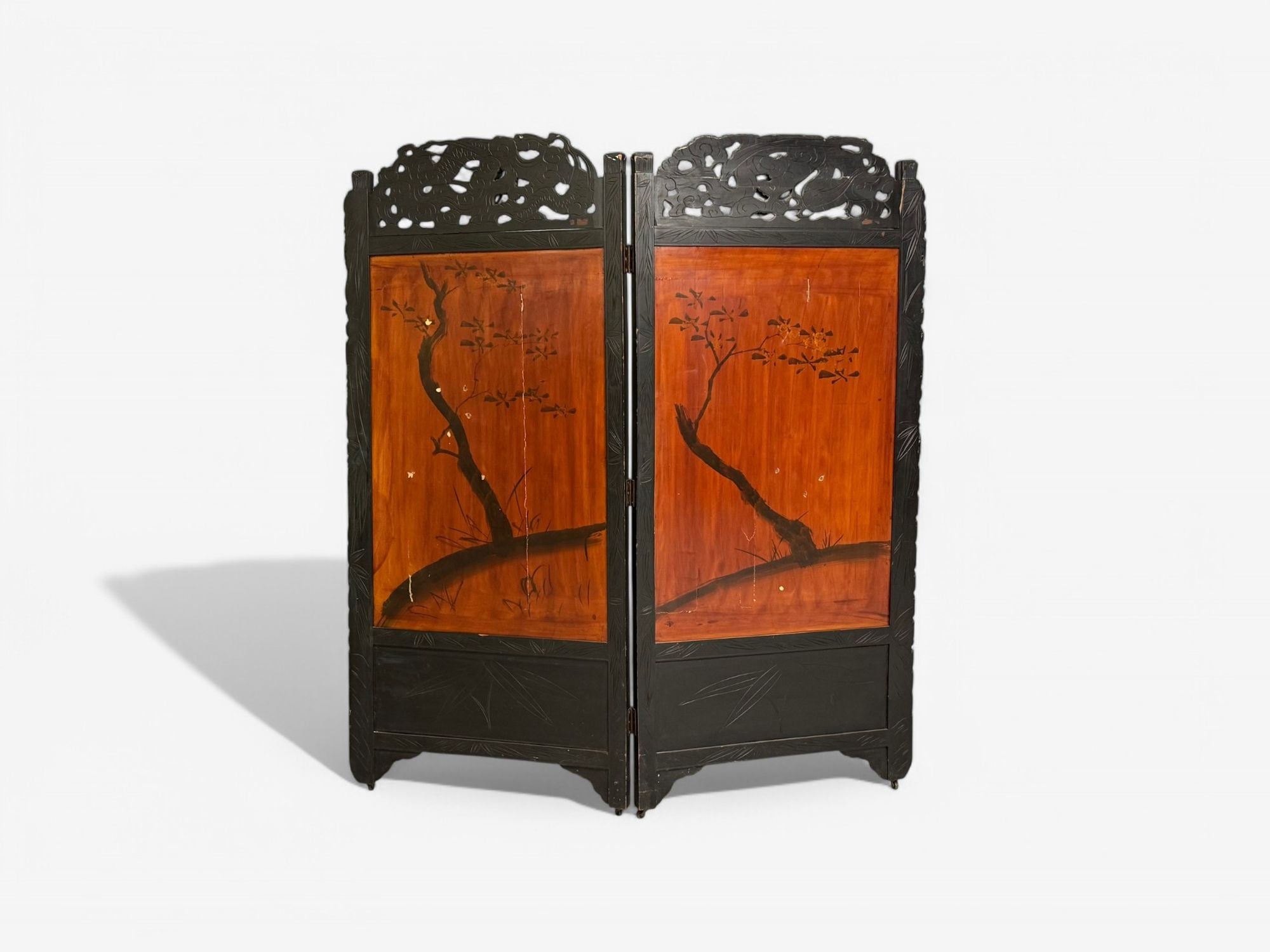 Shibayama Art, Meiji Era, Ebonized Wood, Lacquer, Two Panel Screen, Japan, 1890s