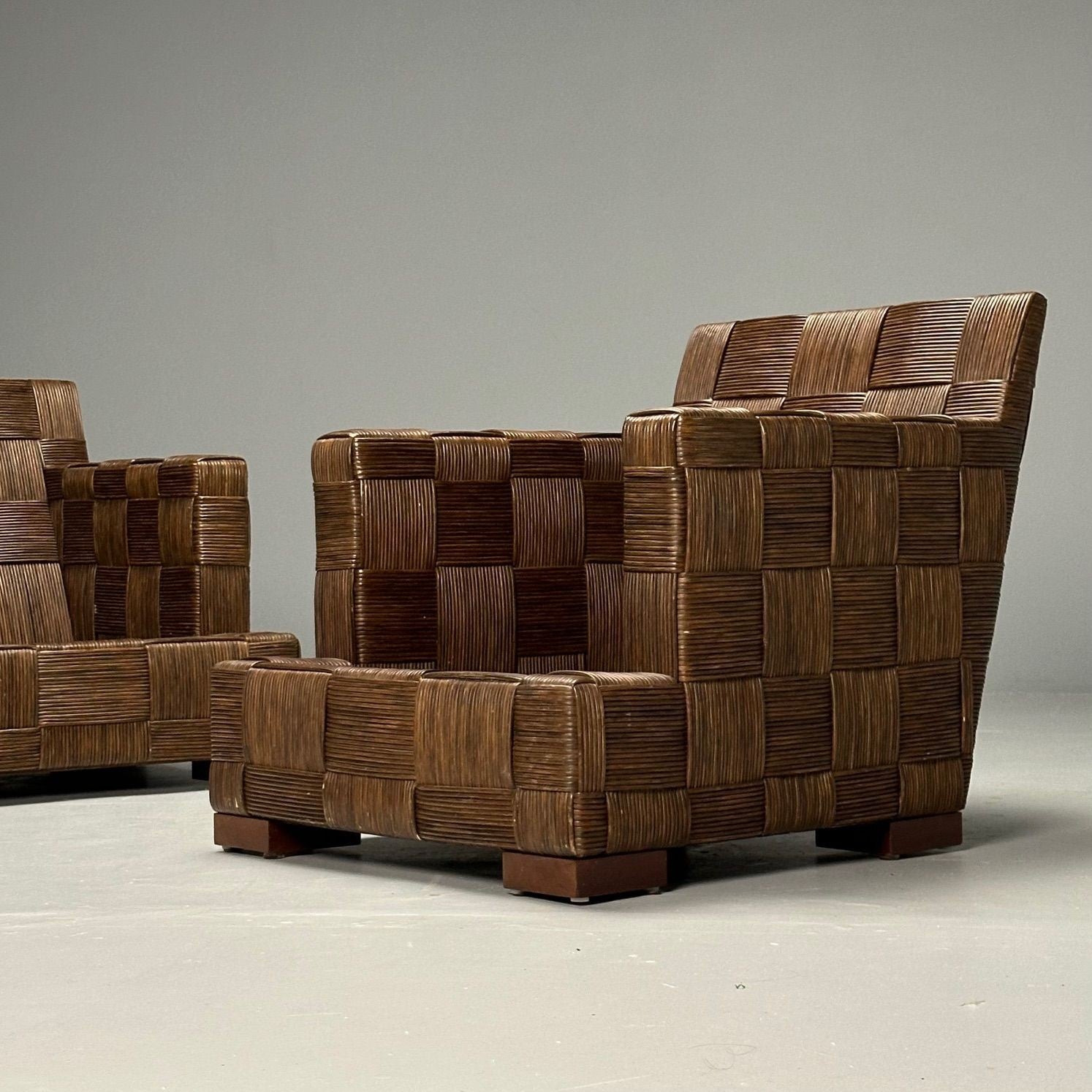 John Hutton, Woven Cane, Mahogany, Oversized Lounge Chairs, USA, 1990s