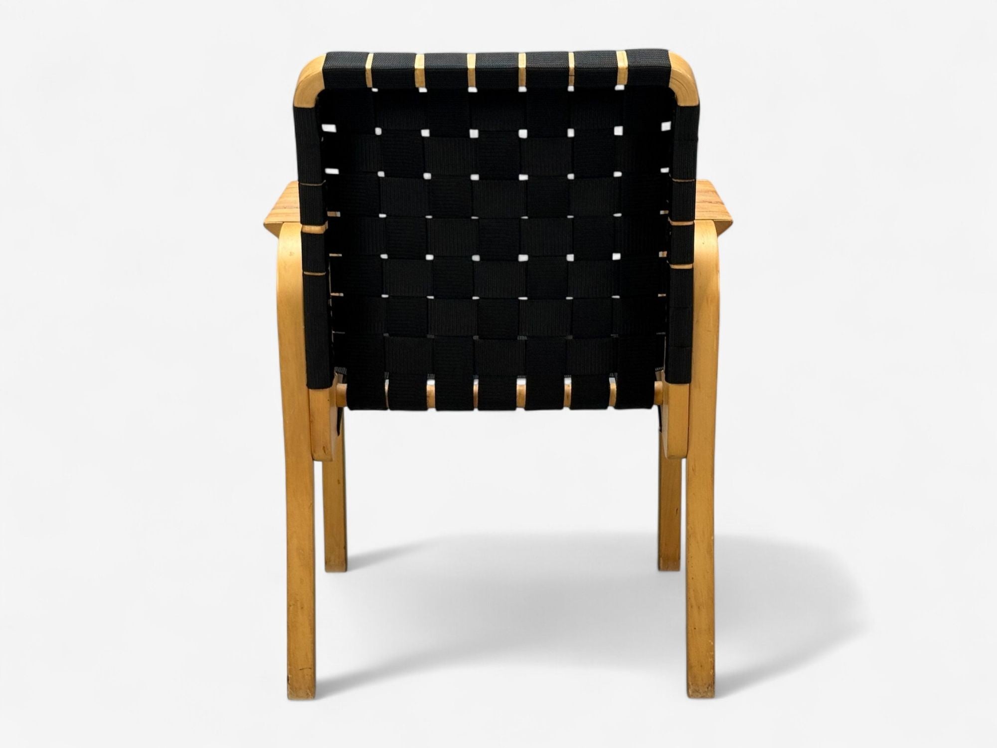 Alvar Aalto, Birch, Rattan, Black Linen Webbing, Armchairs, Finland, 1980s