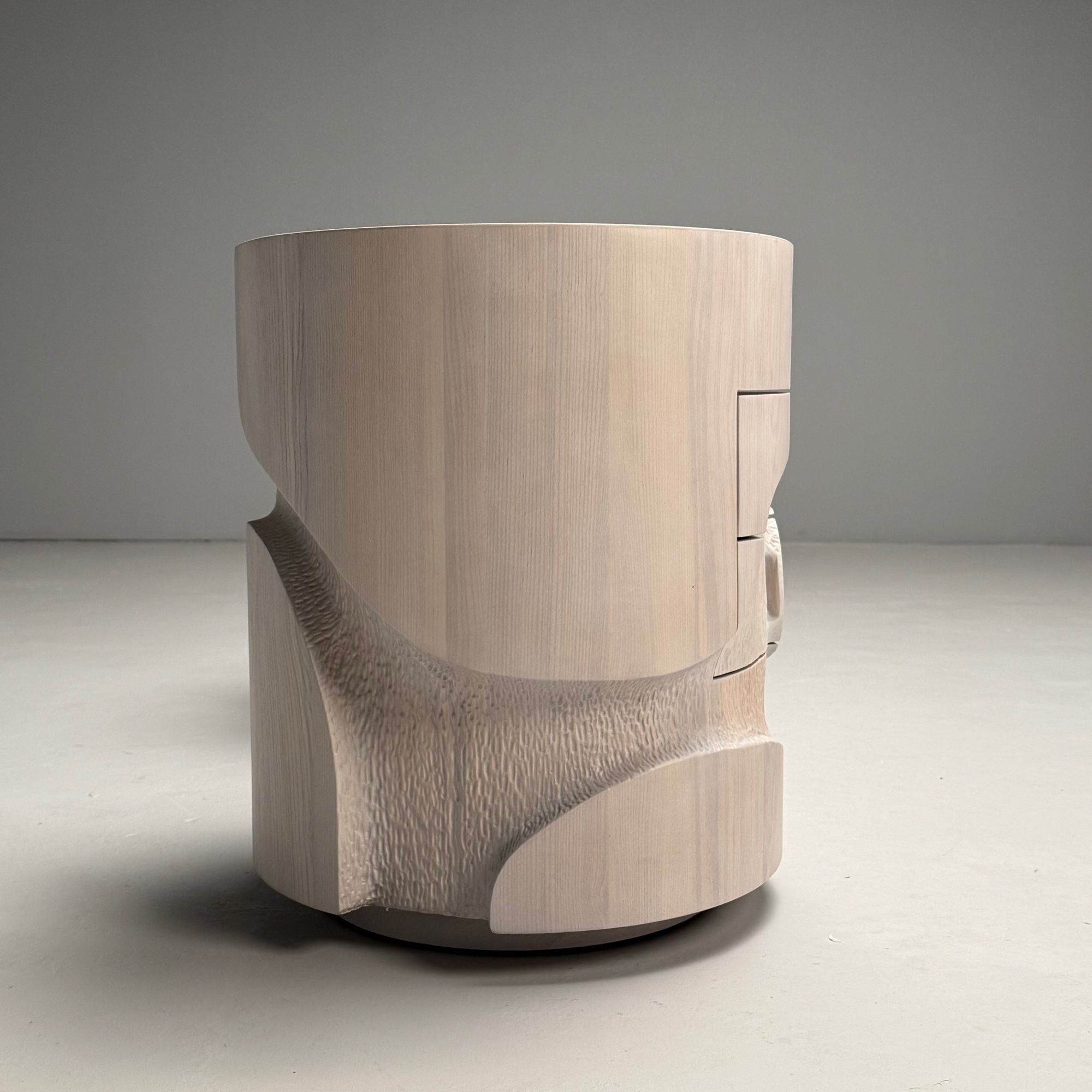 Contemporary, Organic Modern, Round Sculptural Nightstands, Bleached Ashwood