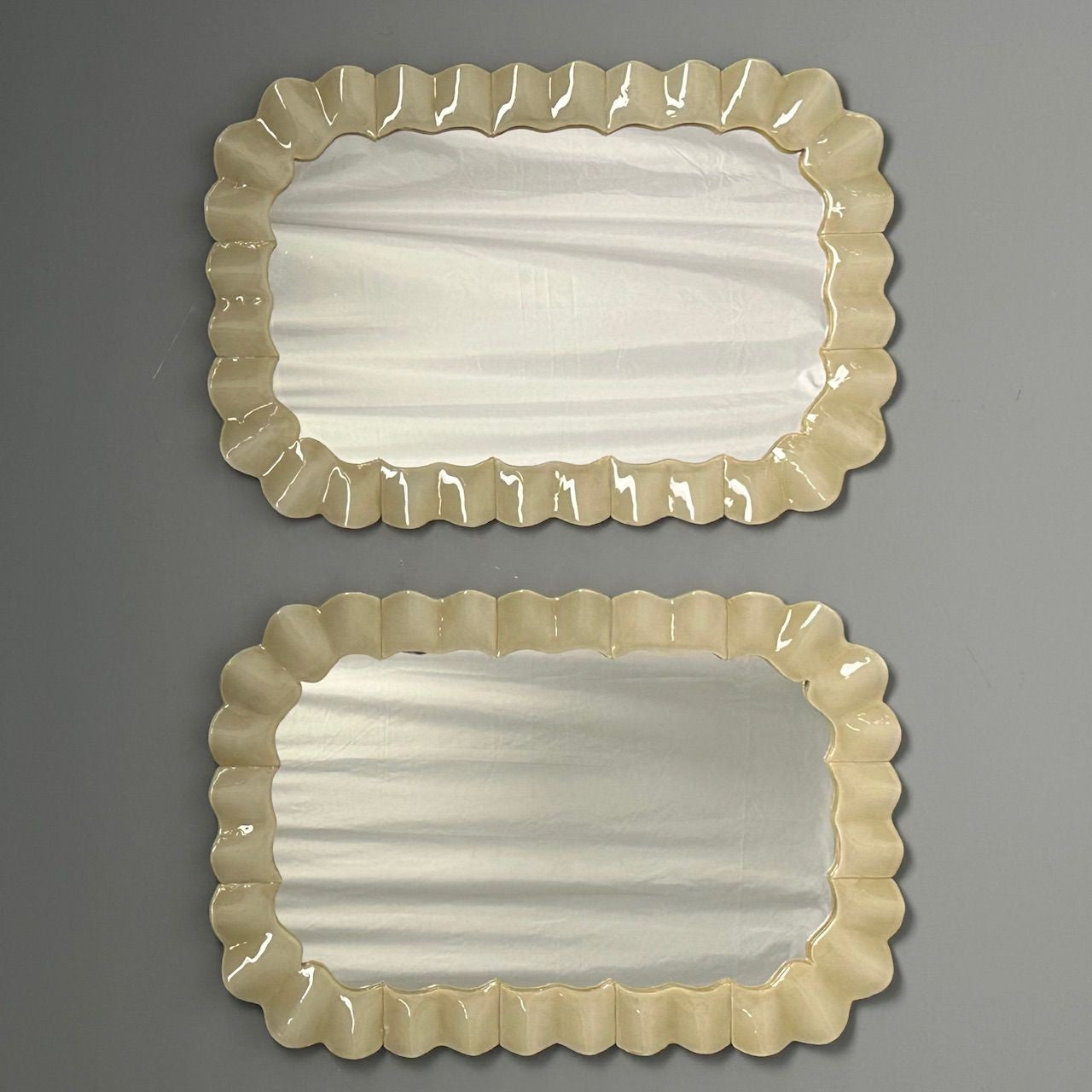 Modern Ruffle Wall Mirrors, White Murano Glass, Brass, Italy, 21st c.