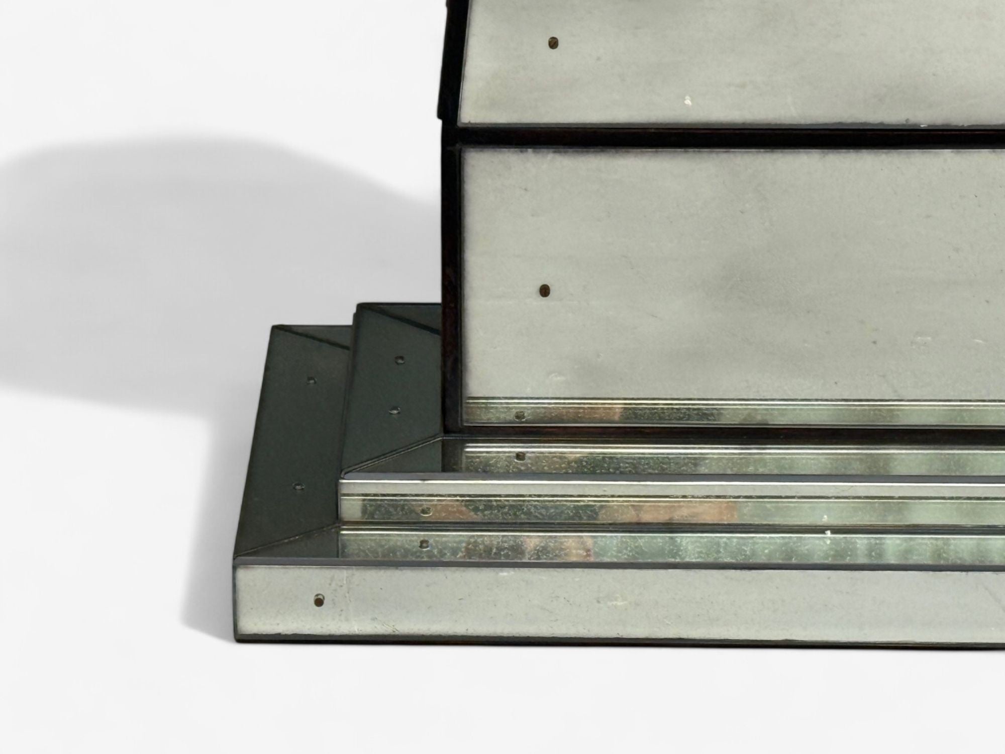 Art Deco Style, Mirrored Console Tables, Painted Wood, Distressed Glass