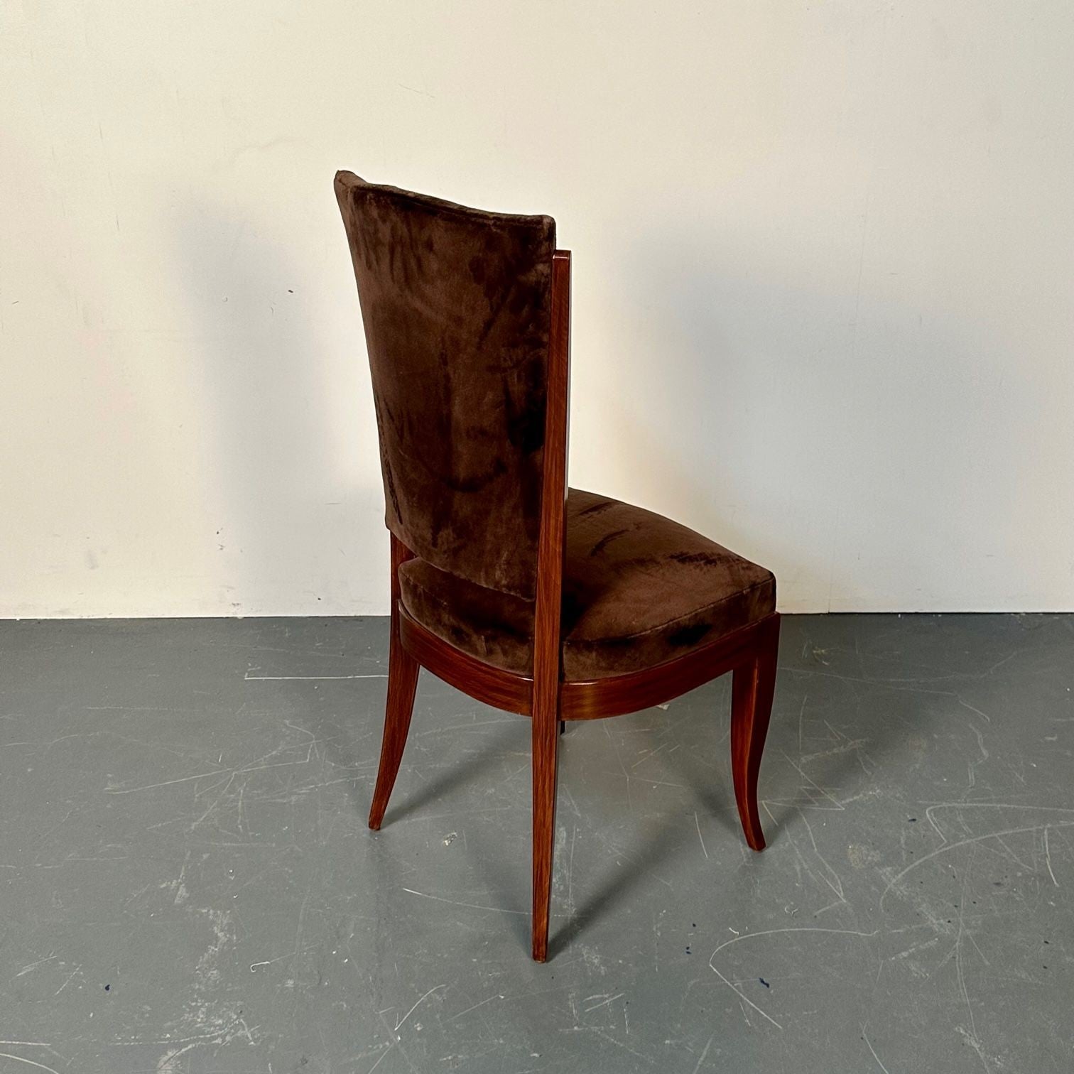 Six French Art Deco Walnut Dining / Side Chairs, Brown Velvet, Ruhlman Style