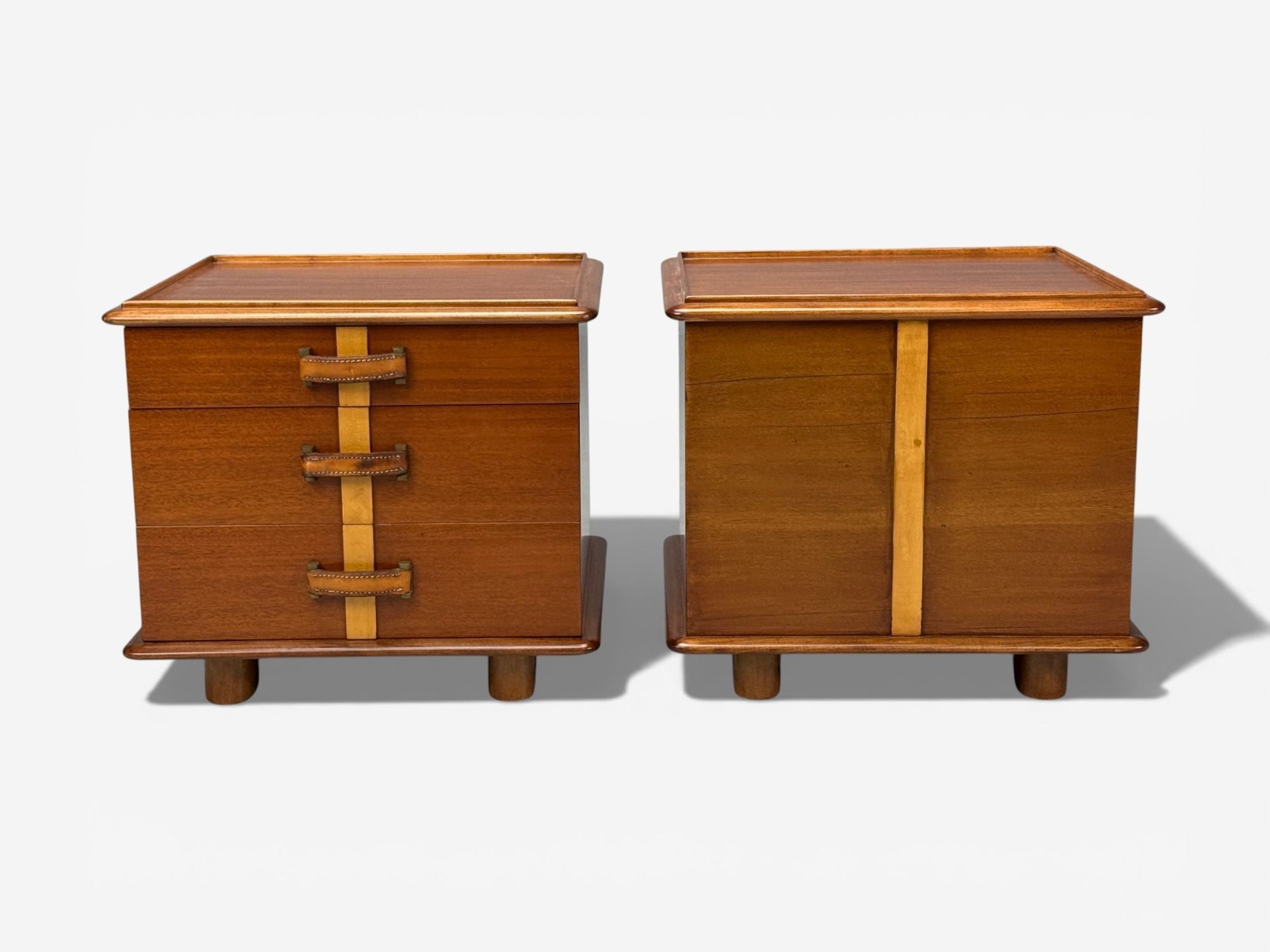 Paul Frankl, Rare Nightstands, Mahogany, Rock Maple, Brass, Leather, USA, 1950s