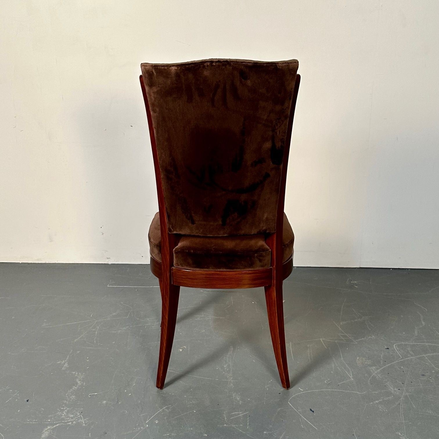Six French Art Deco Walnut Dining / Side Chairs, Brown Velvet, Ruhlman Style