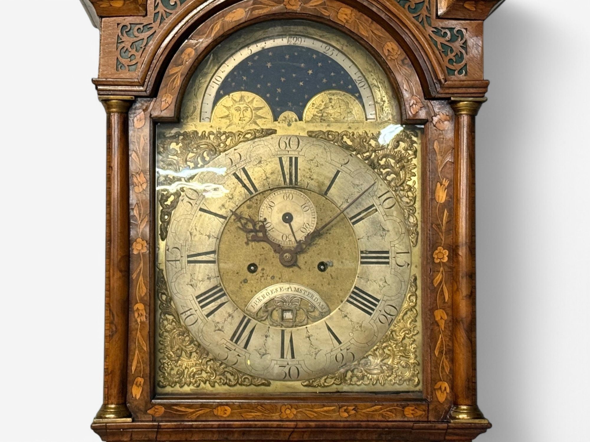JP Kroese, Dutch Baroque, Marquetry, Moon Face Dial, Grandfather Clock, 18th C